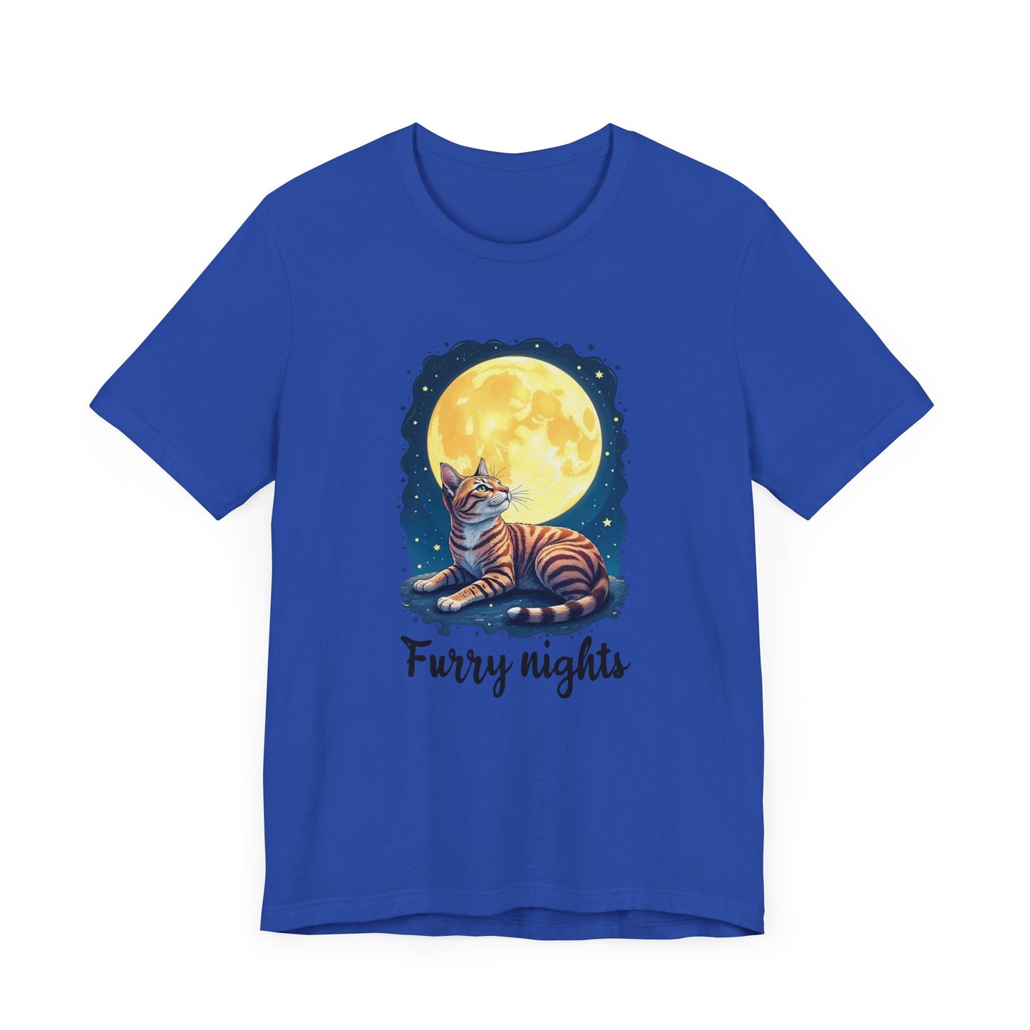 Moon Bath  - Furry Nights – Cat Watching Full Moon and Starry Sky Graphic T-Shirt