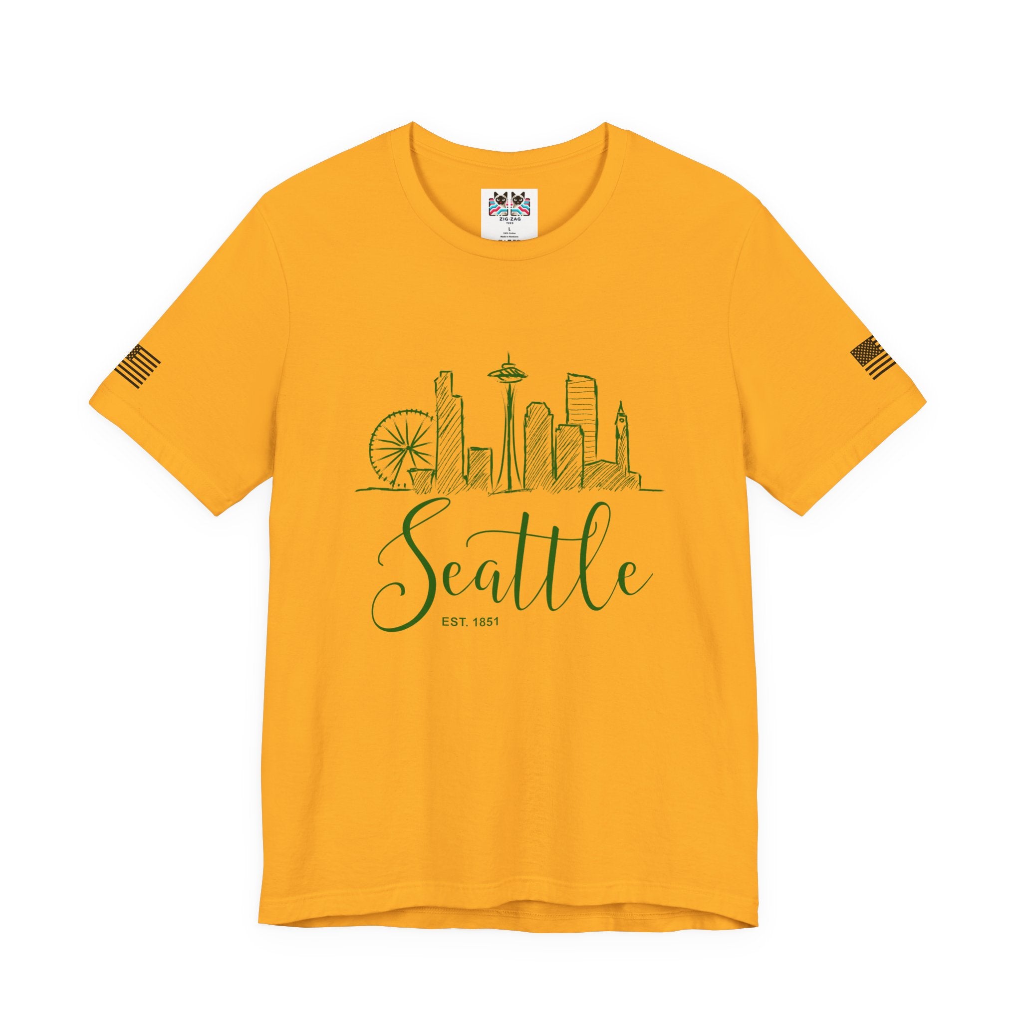 Seattle EST 1851 Hand-Drawn Sketch Skyline Script T-Shirt | Seattle Souvenir Tee | Space Needle Great Wheel Shirt
