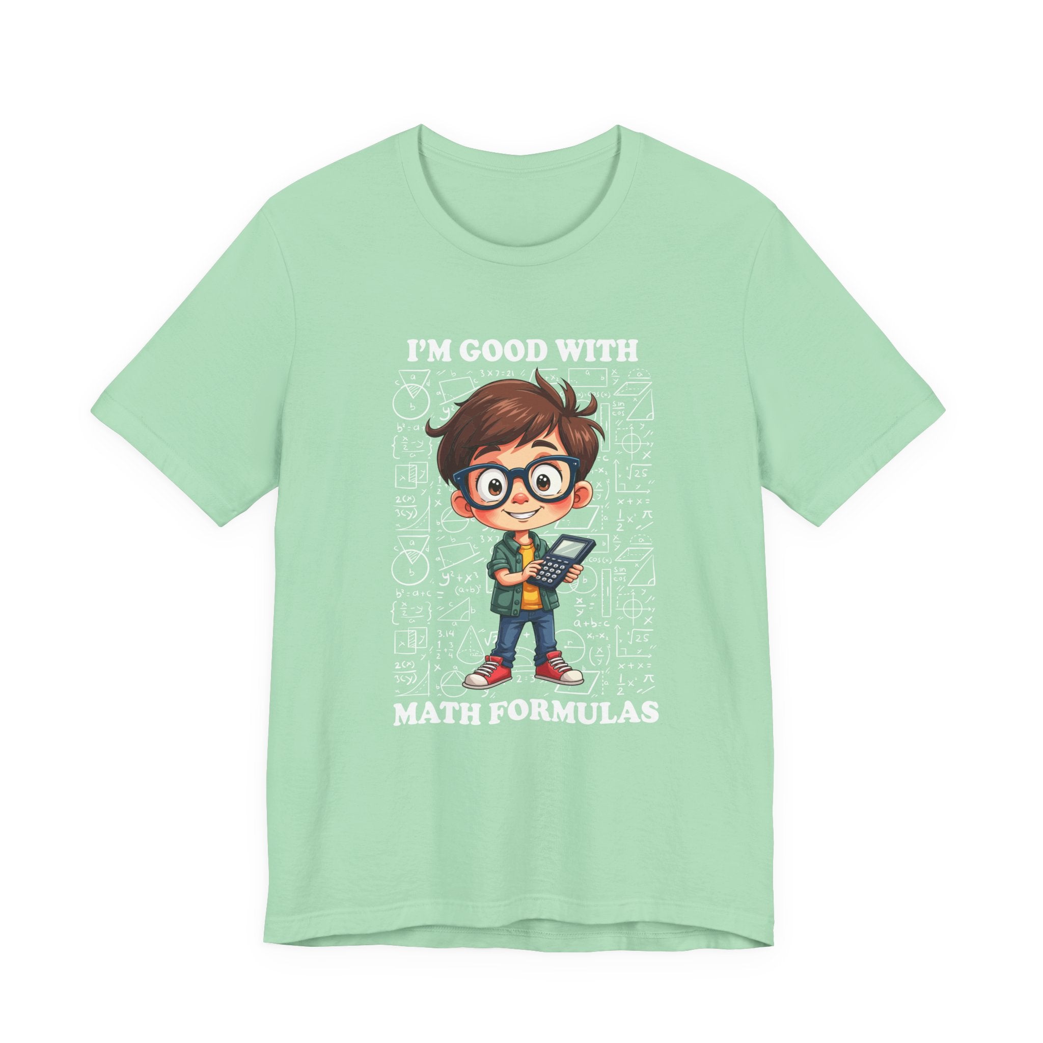I'm Good with Math Formulas Tshirt – Happy Boy with Calculator and Math Diagrams
