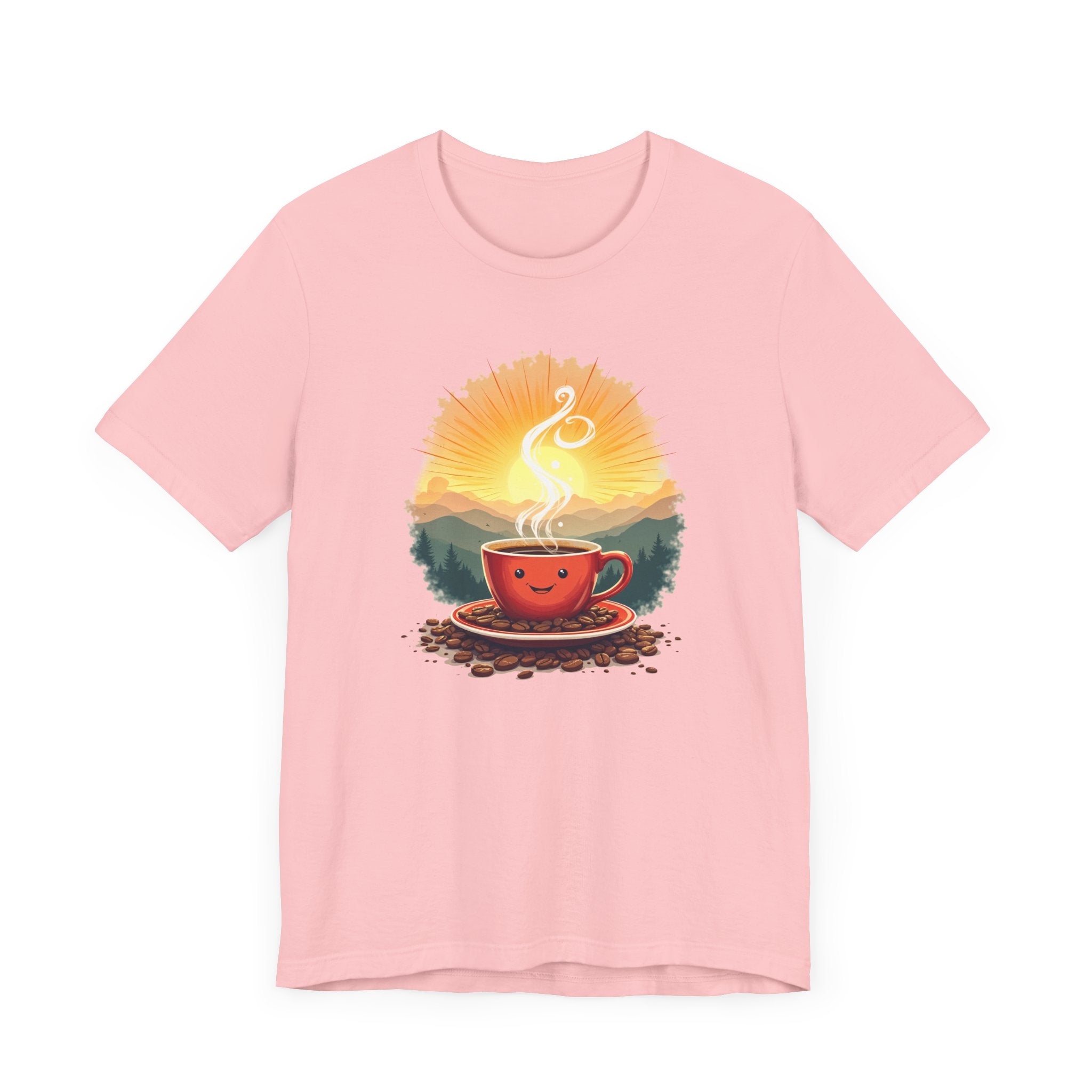 Sunrise Coffee Cup with Coffee Beans and Radiant Morning Glow Graphic T-Shirt