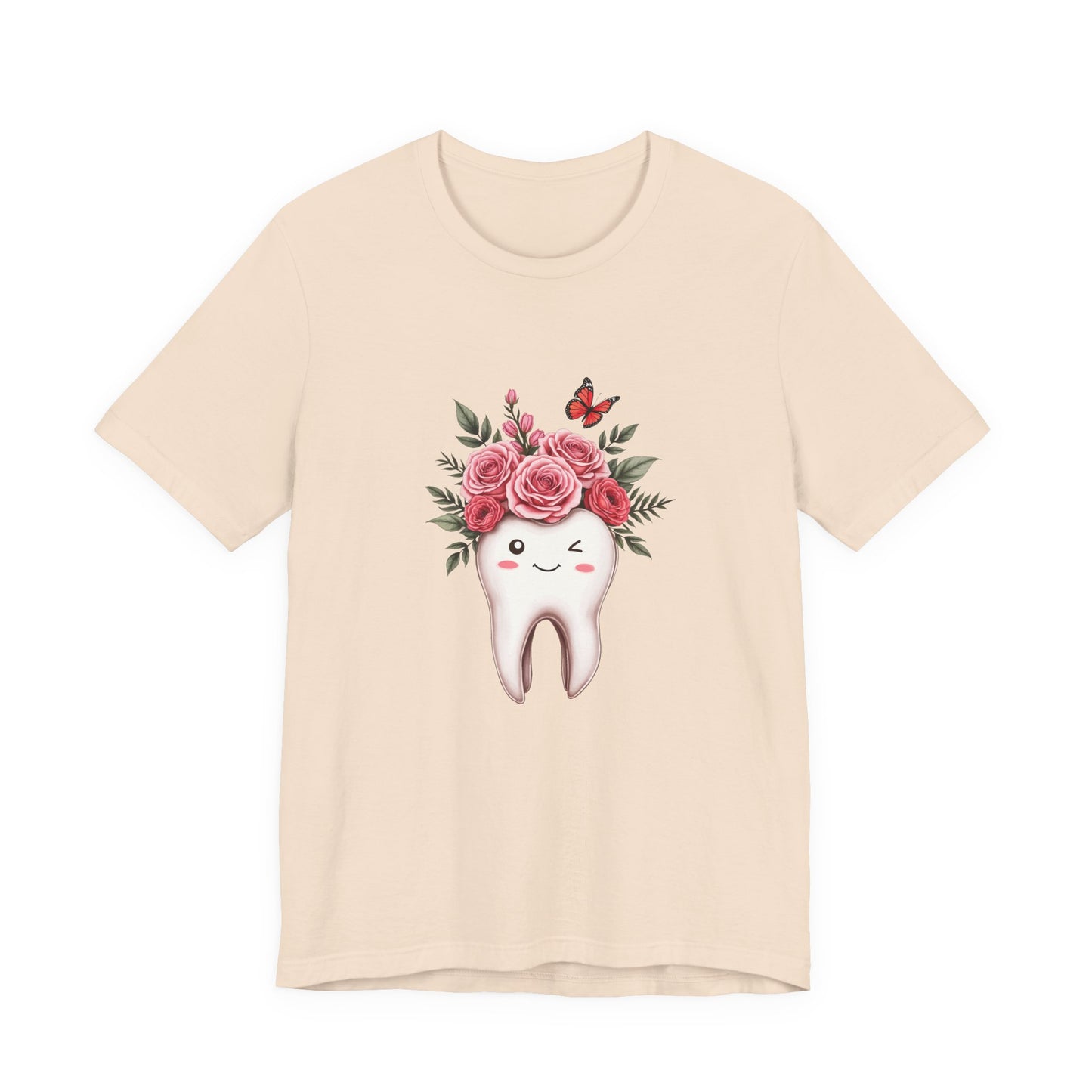 Smile T Shirt with Large Winking Tooth Surrounded by Flowers Leaves and Butterflies