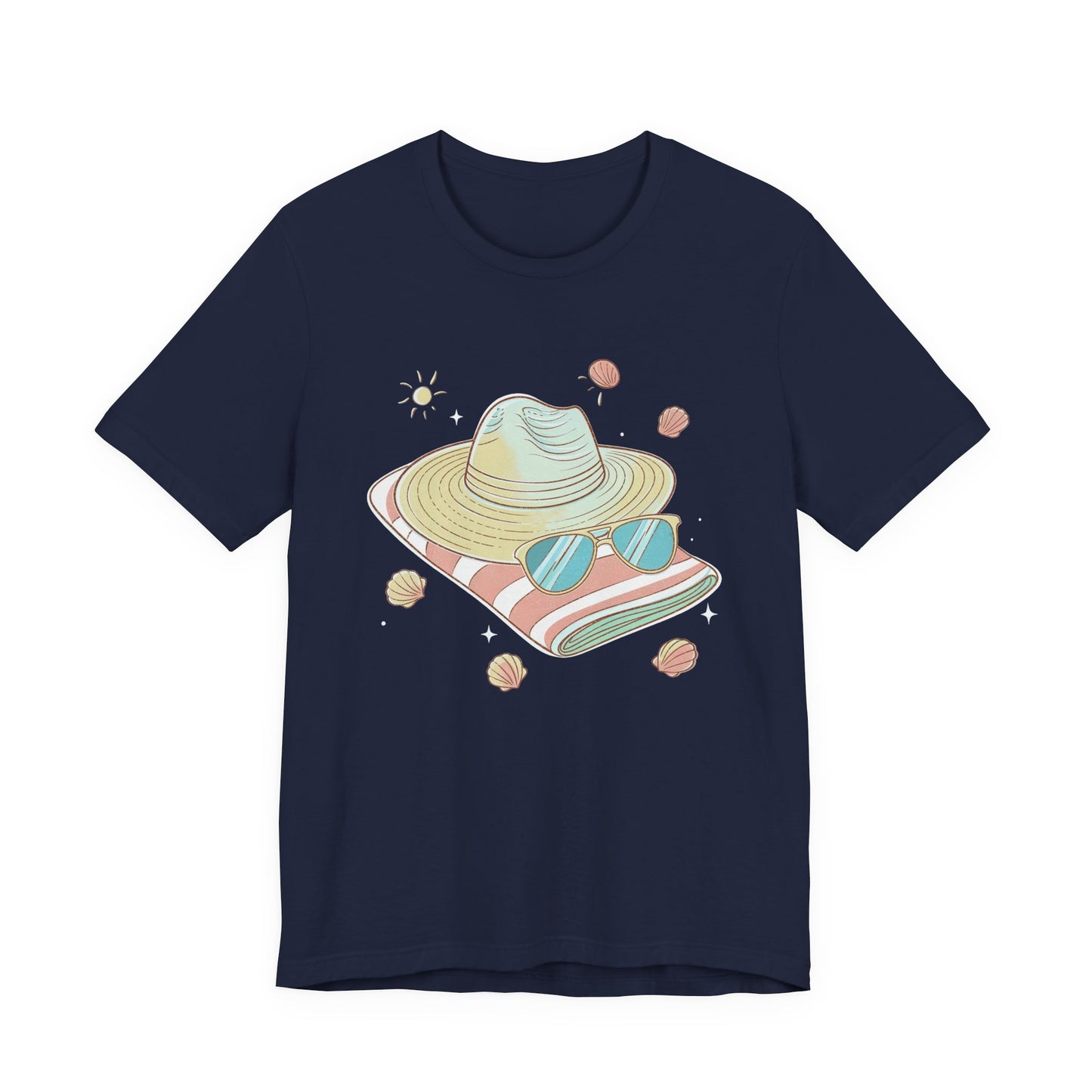 Sun Kissed & Carefree Beach Day Essentials – Towel, Sunglasses & Hat with Sun and Seashells Graphic T-Shirt