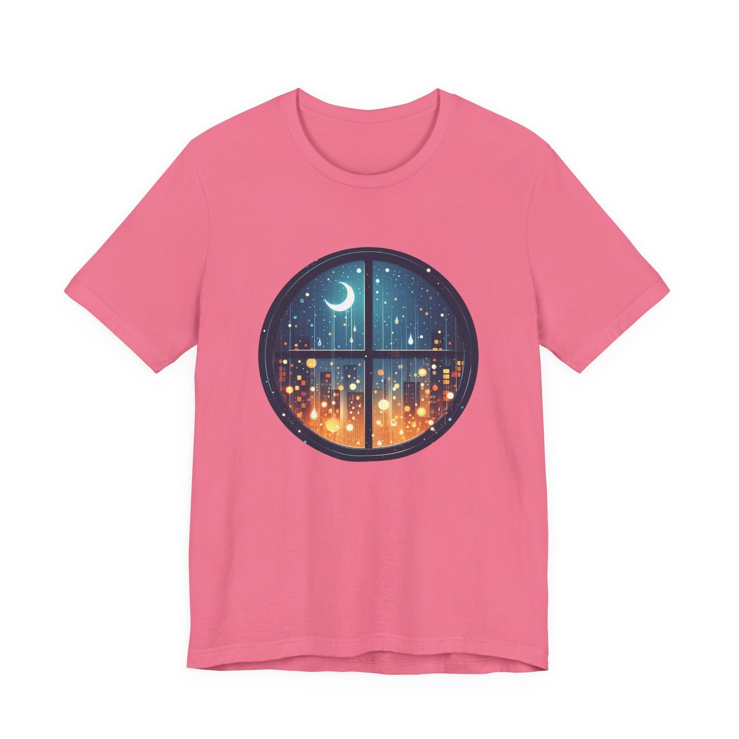 Dreaming Under Drizzles – Crescent Moon & Rainy Night in a City Window Graphic T-Shirt