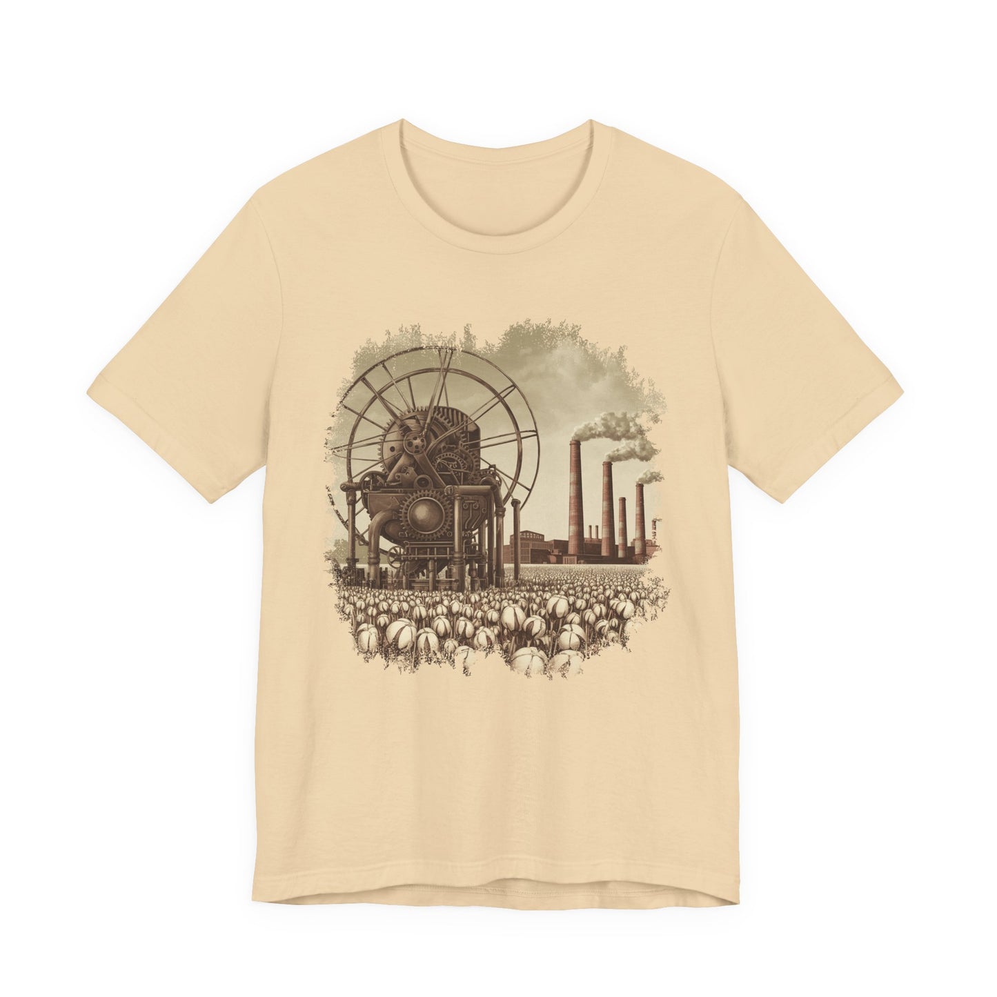 Cotton Gin Club Tshirt – Harvest-Ready Cotton Field with Historic Spinning Machine and Factory