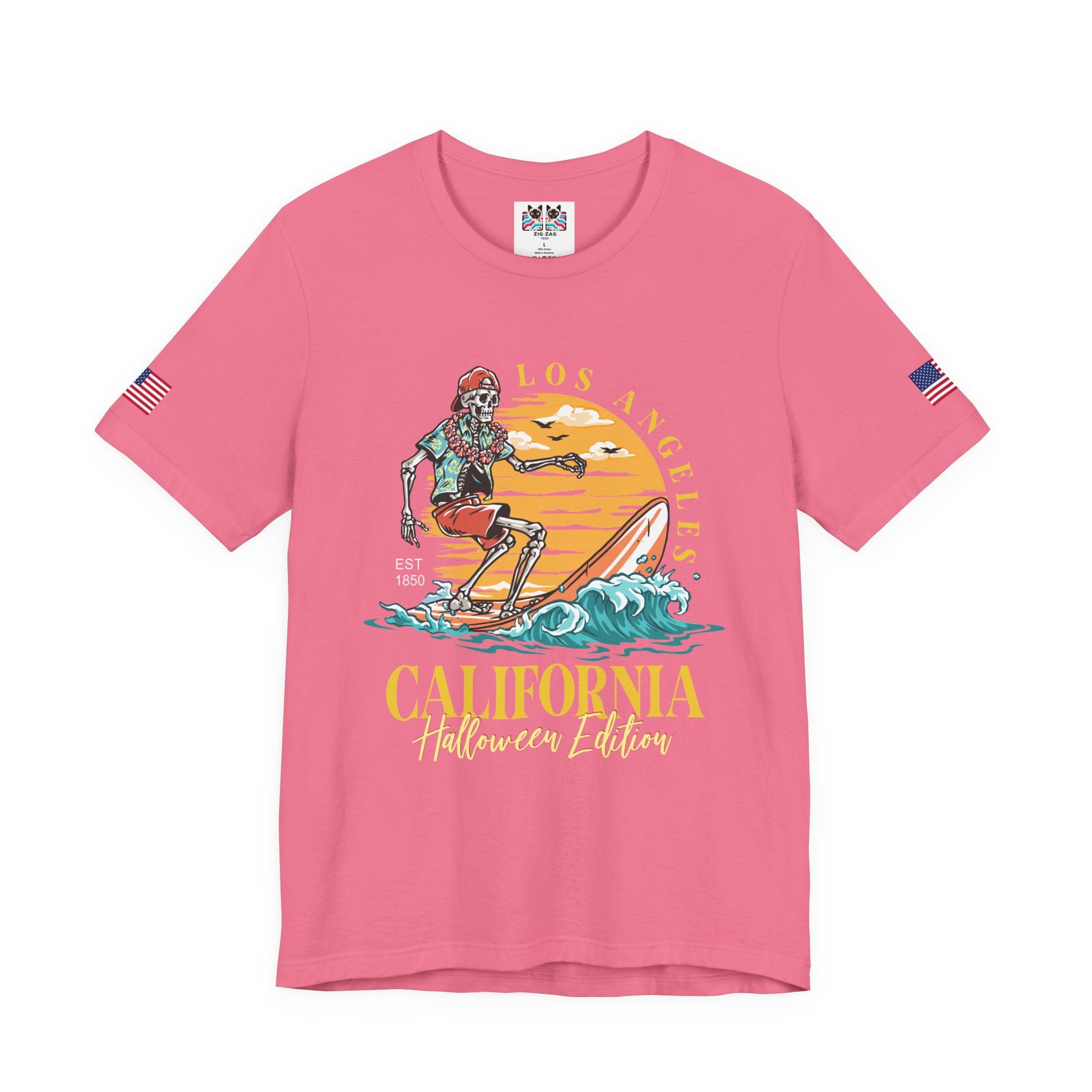 Los Angeles California Halloween Edition T-Shirt – Skeleton Surfer Beach EST 1850 Tee