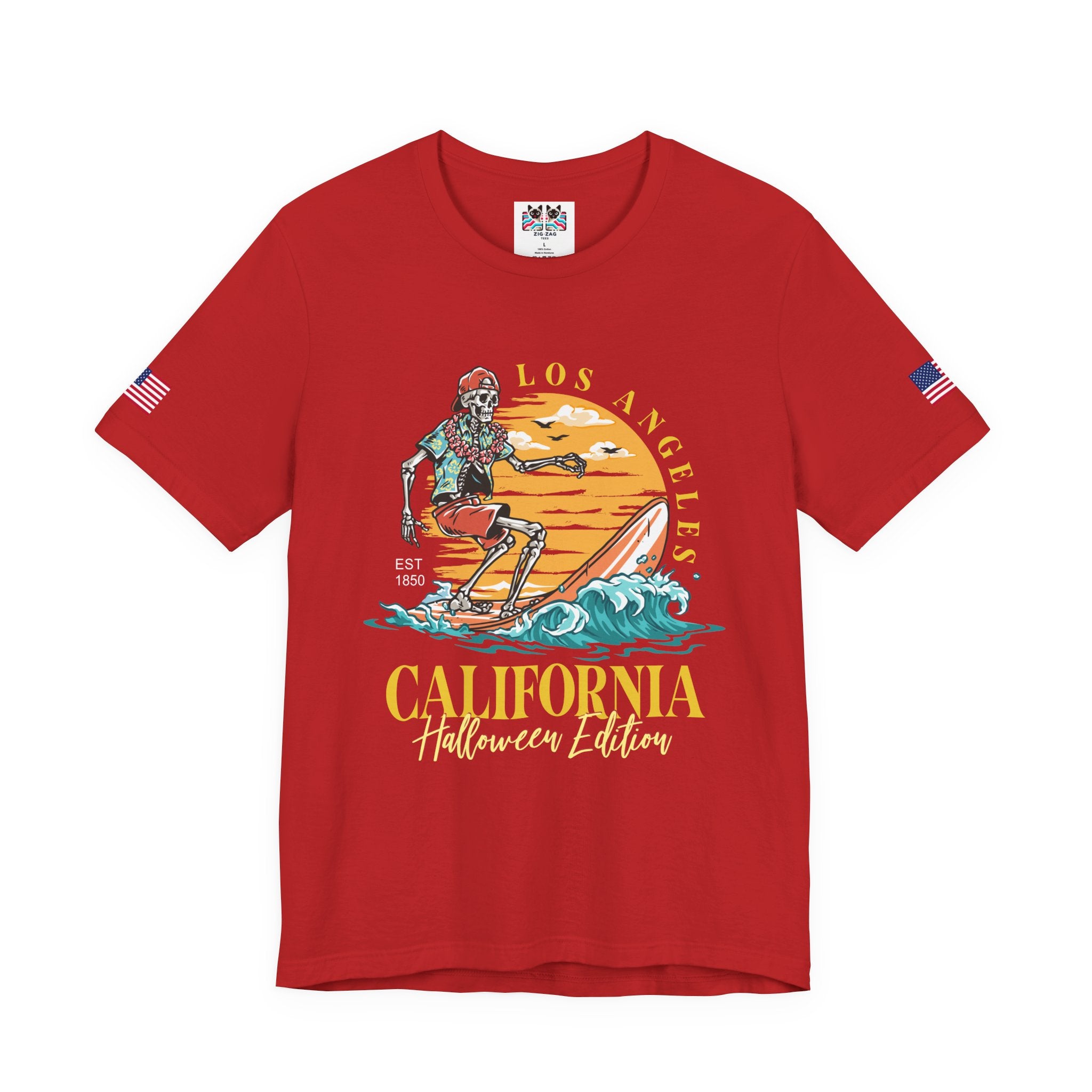 Los Angeles California Halloween Edition T-Shirt – Skeleton Surfer Beach EST 1850 Tee