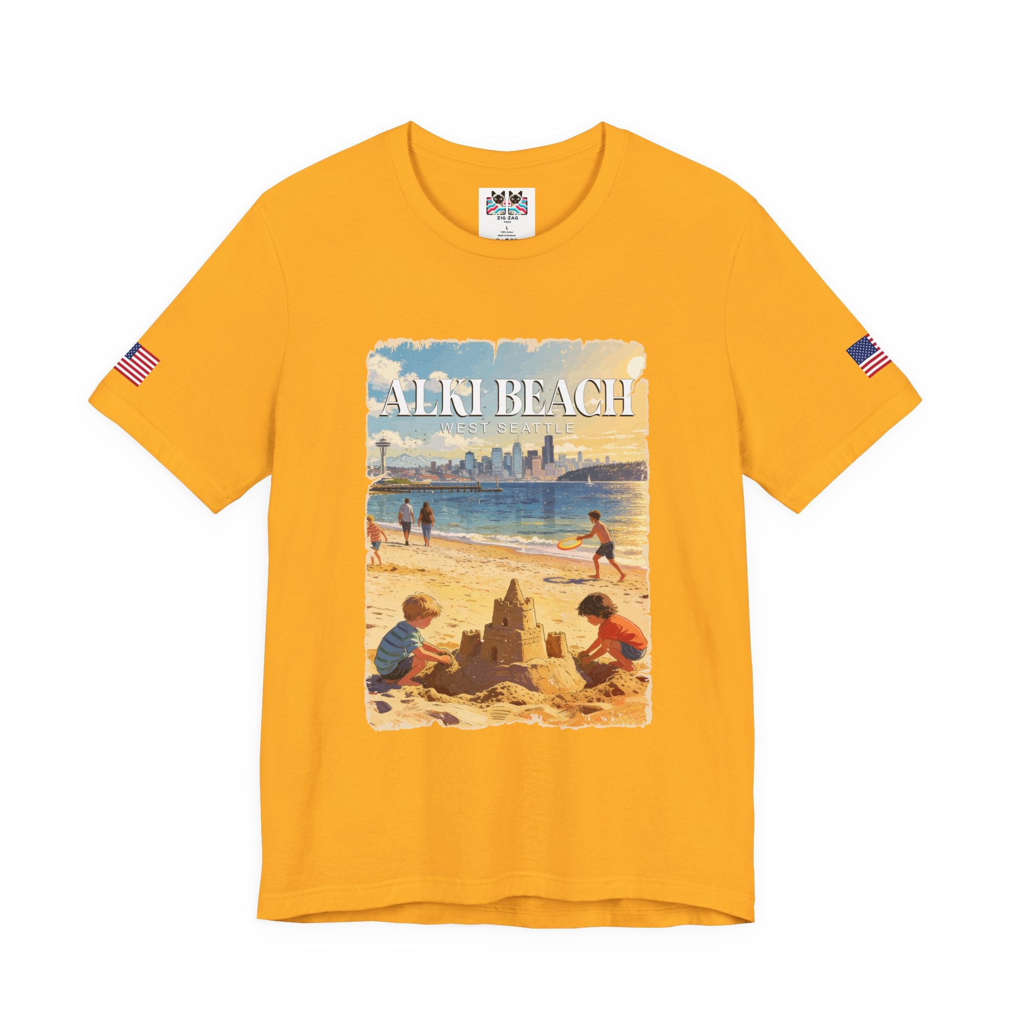 Alki Beach West Seattle Vintage Travel Poster Graphic T-Shirt | West Seattle Souvenir Tee | Puget Sound Beach Shirt