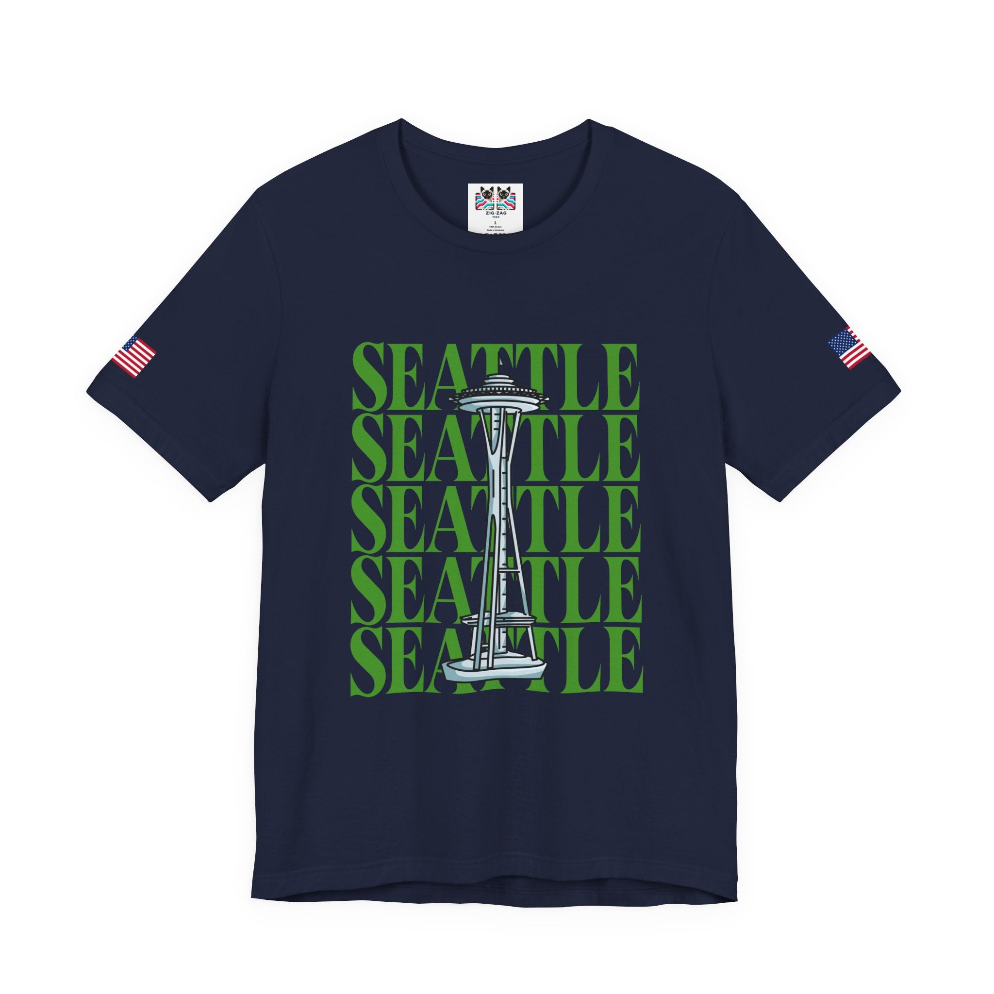 Seattle Repeated Text Space Needle Graphic T-Shirt | Seattle Washington Souvenir Tee | Space Needle Pride Shirt