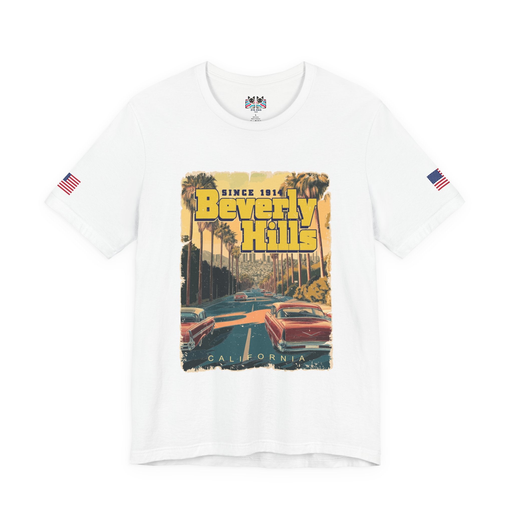 Beverly Hills Since 1914 California T-Shirt – Classic Cars Palm Boulevard Retro Graphic Tee