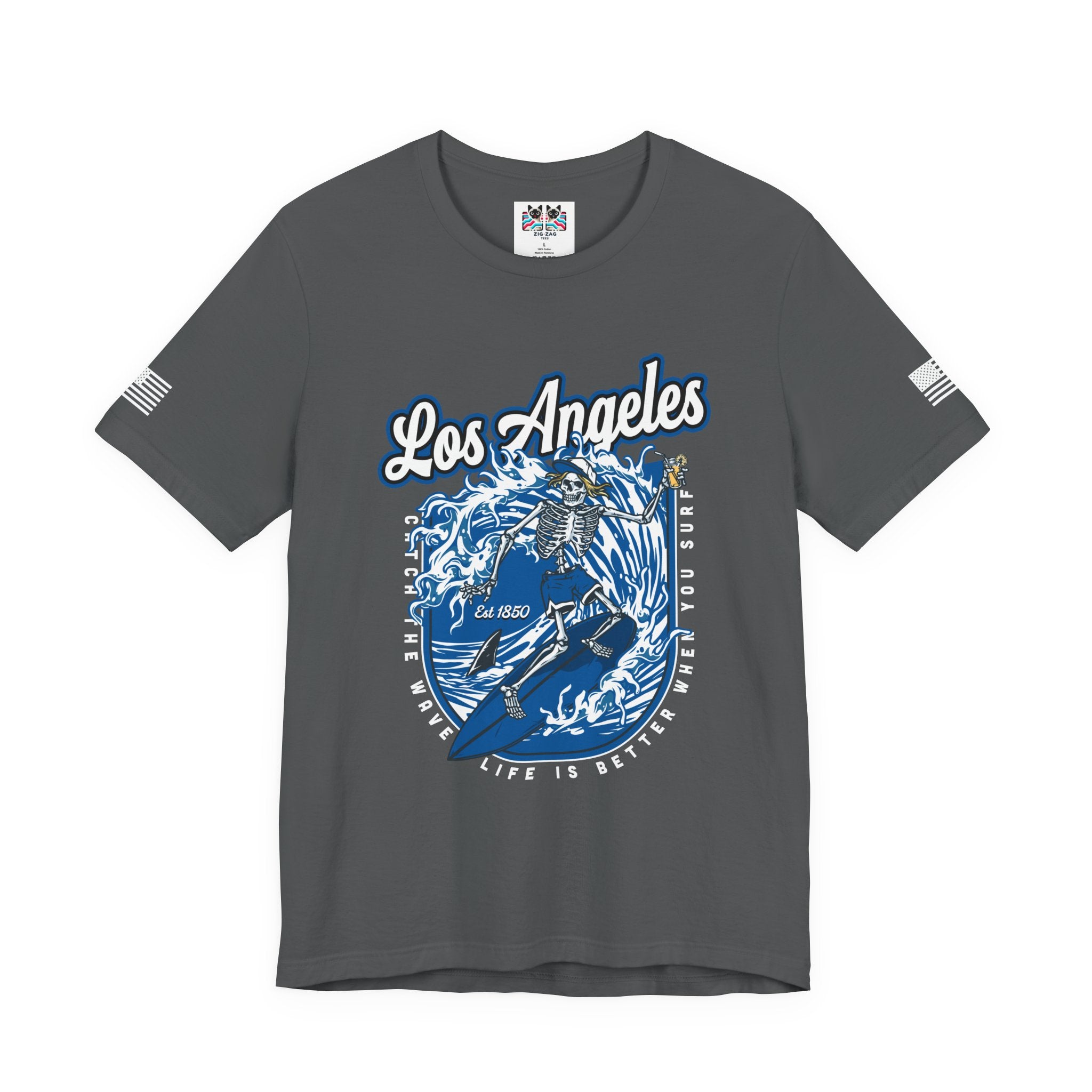 Los Angeles Skeleton Surfer T-Shirt – Life Is Better When You Surf CA EST 1850 Tee