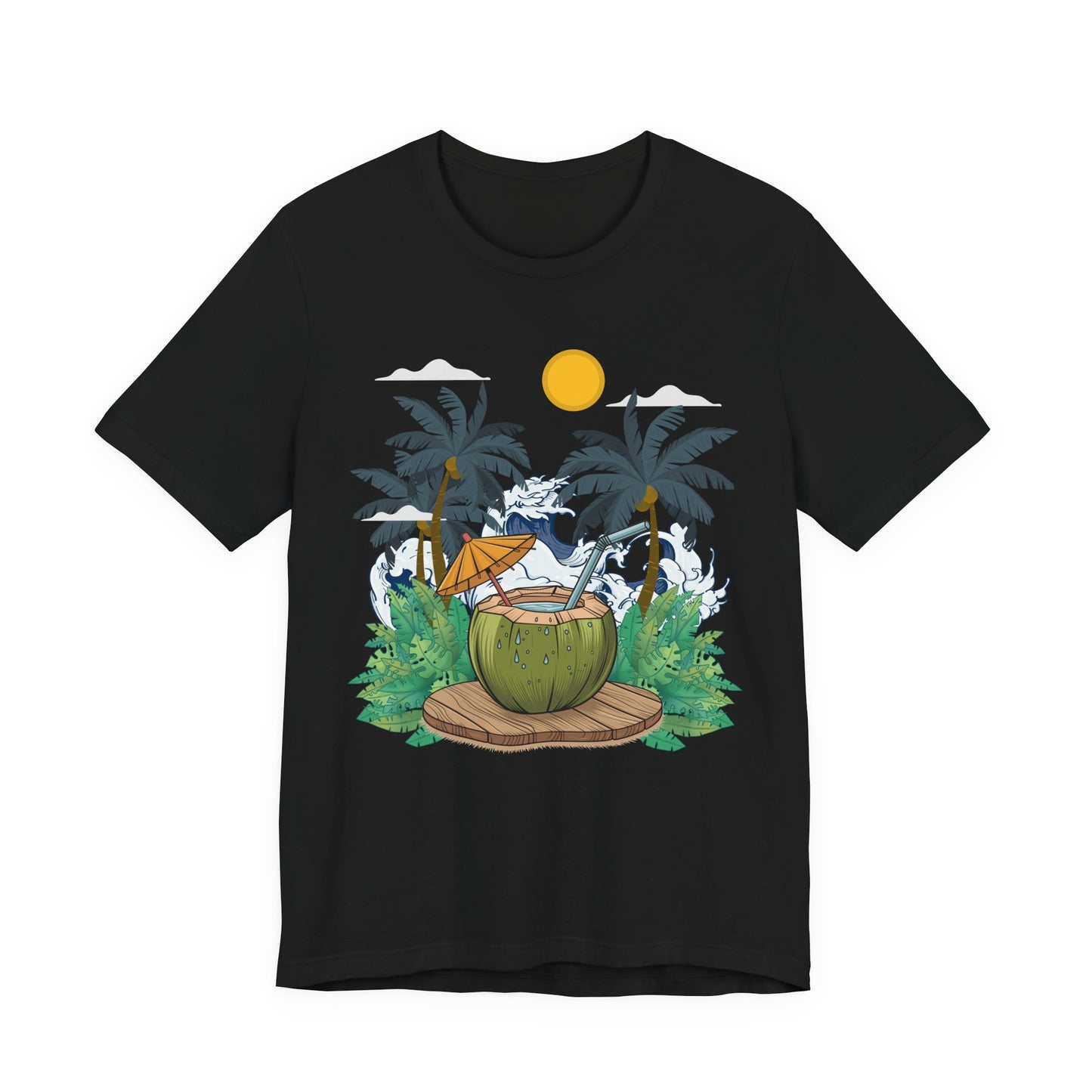 Paradise Found Tropical Refresh – Tender Coconut Drink with Palm Leaves & Ocean Waves Graphic T-Shirt