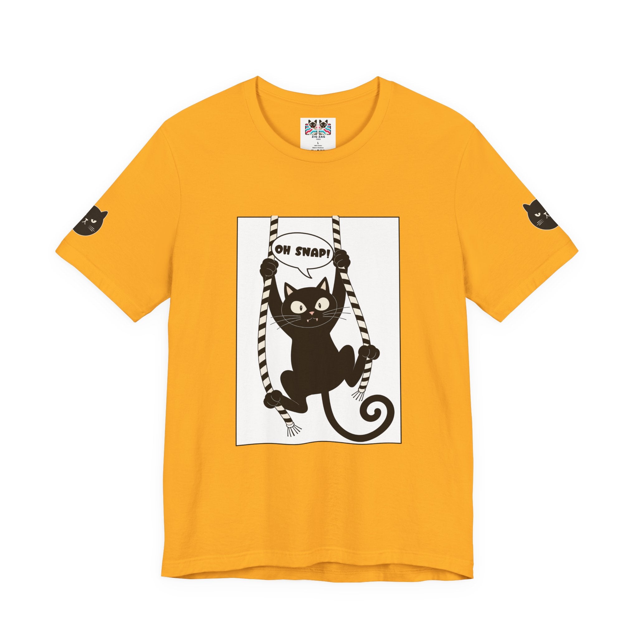 Oh Snap Funny Cat T-Shirt – Cat Hanging from Blinds Mischievous Kitten Humor Graphic Tee