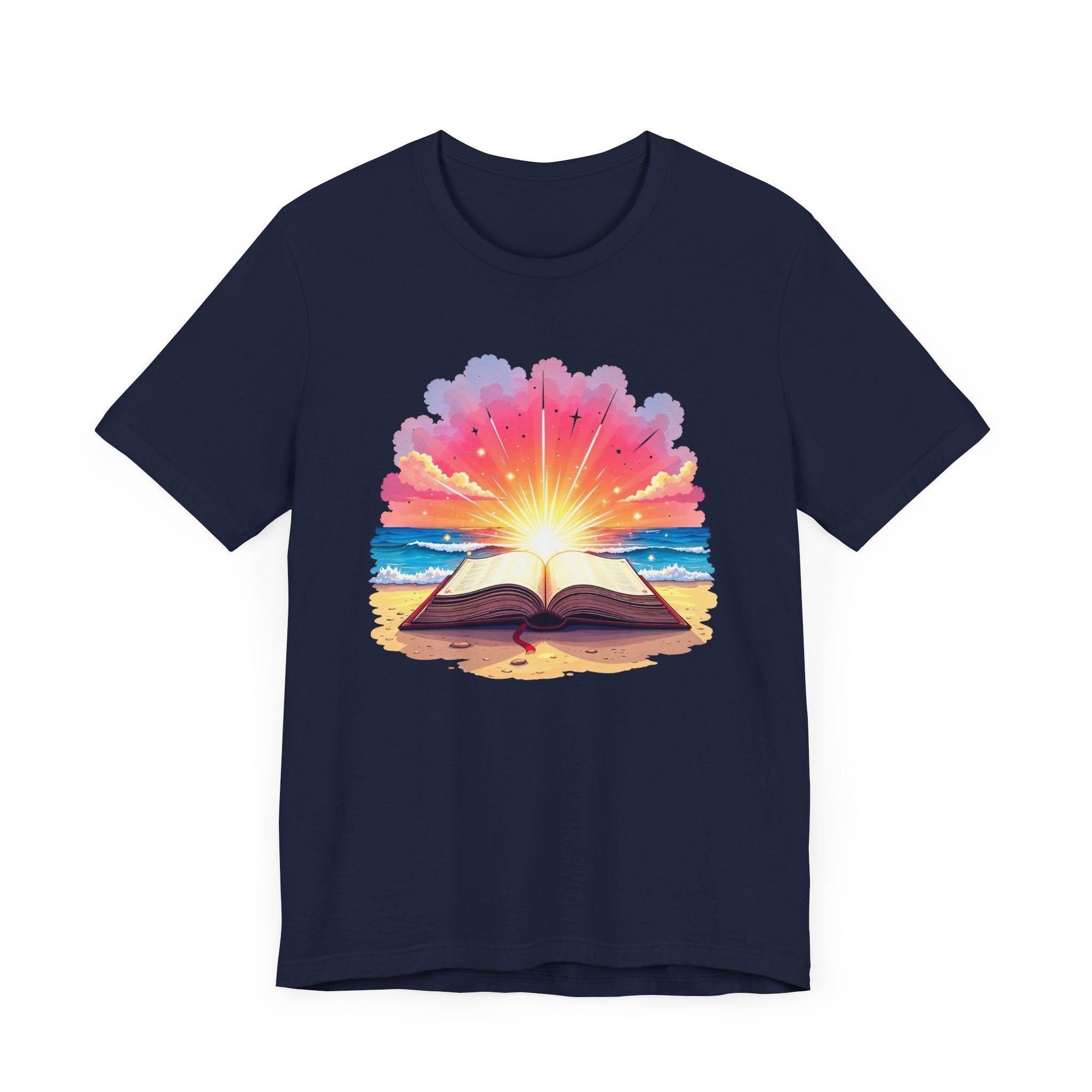 Magical Open Book on Beach with Radiant Flashlight Graphic T-Shirt