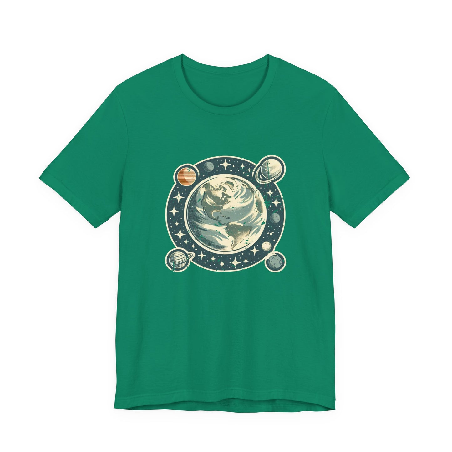 Earth Was Cool Tshirt – Gray Earth with Circular Planets and Stars Design