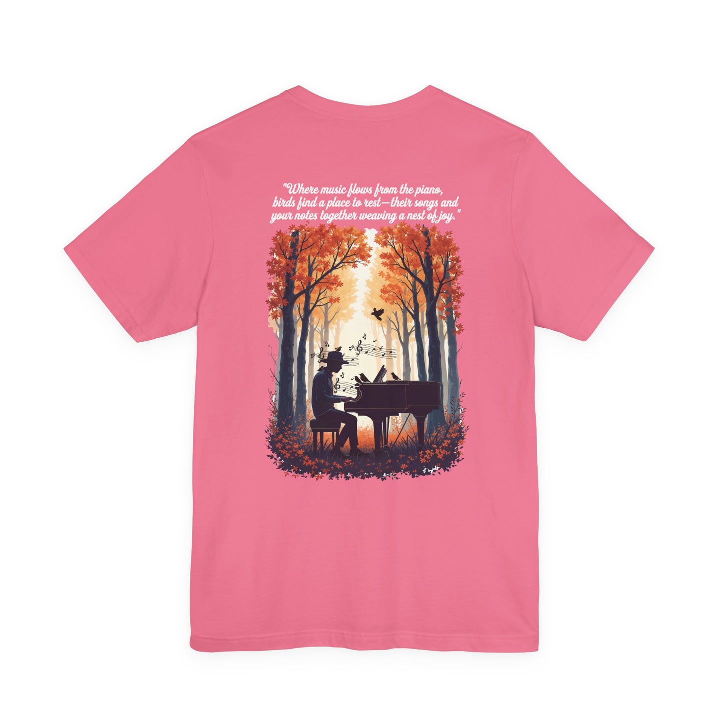Music & Nature Harmony T-Shirt – Grand Piano in Autumn Forest Scene [White Text]