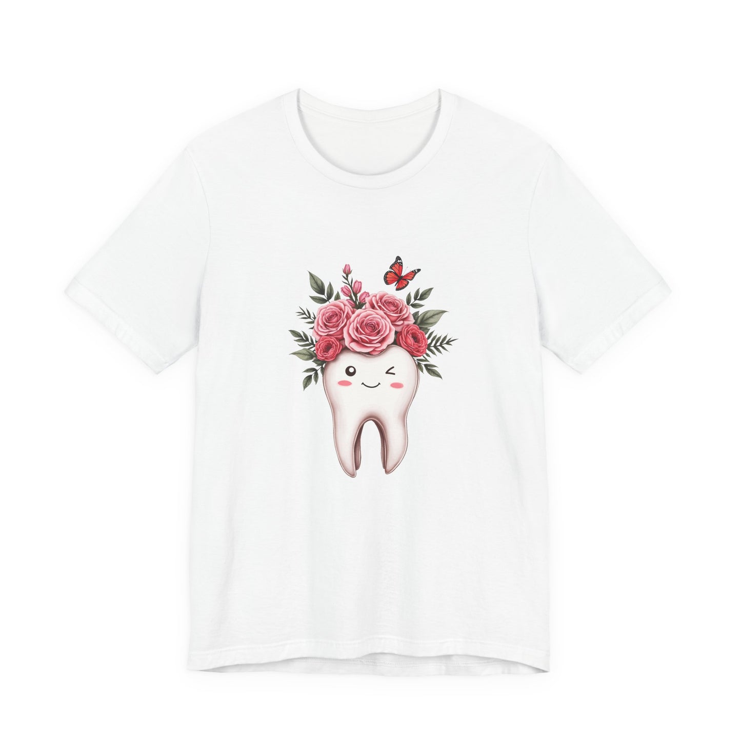 Smile T Shirt with Large Winking Tooth Surrounded by Flowers Leaves and Butterflies