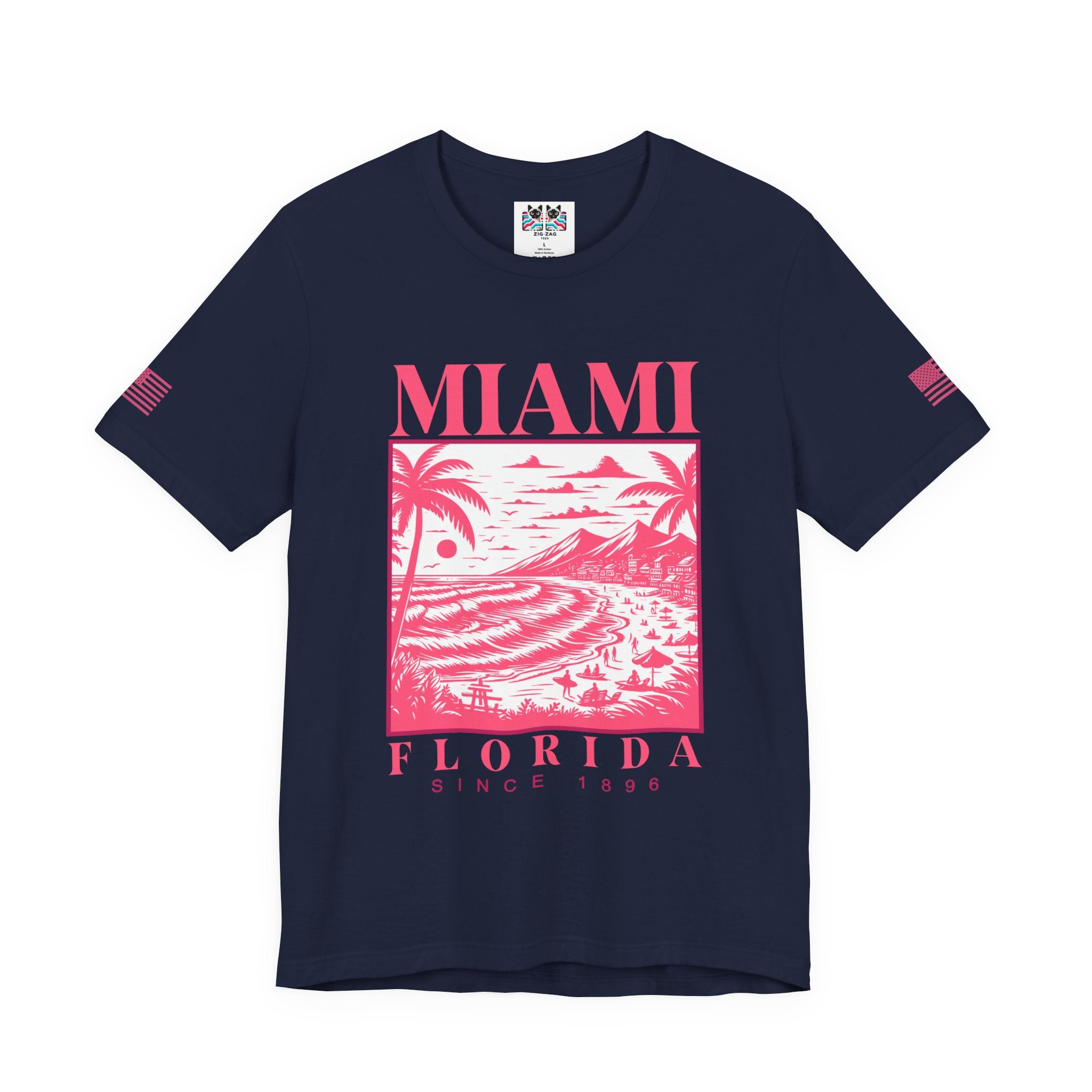 Miami Florida Since 1896 T-Shirt – Engraving Style Beach Scene Palm Tree Graphic Tee