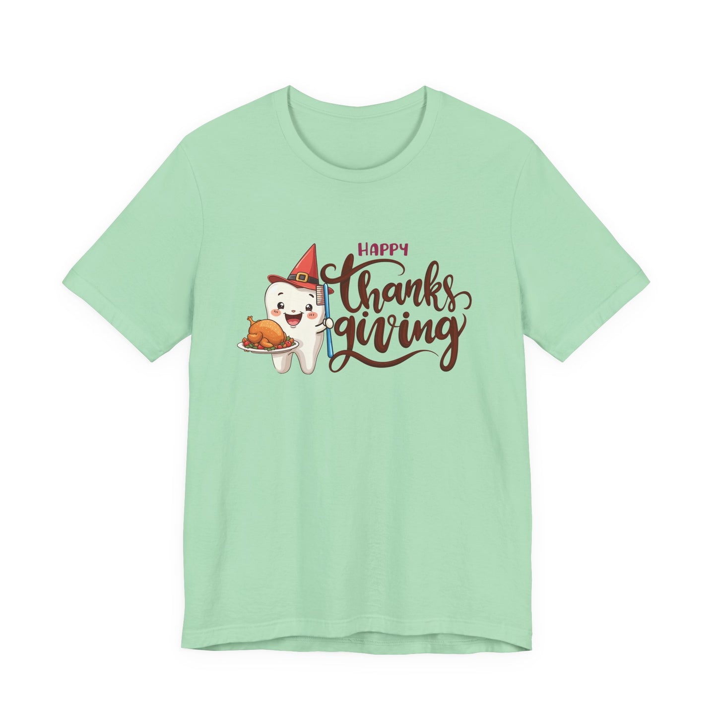 Happy Thanksgiving Dental T Shirt Smiling Tooth with Turkey Plate, Toothbrush, and a Cap