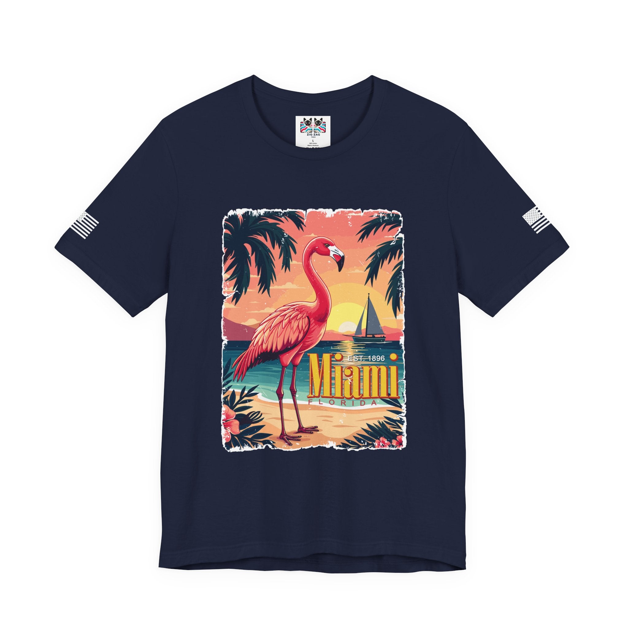 Miami Florida EST 1896 T-Shirt – Flamingo Vintage Travel Poster Beach Sunset Tee