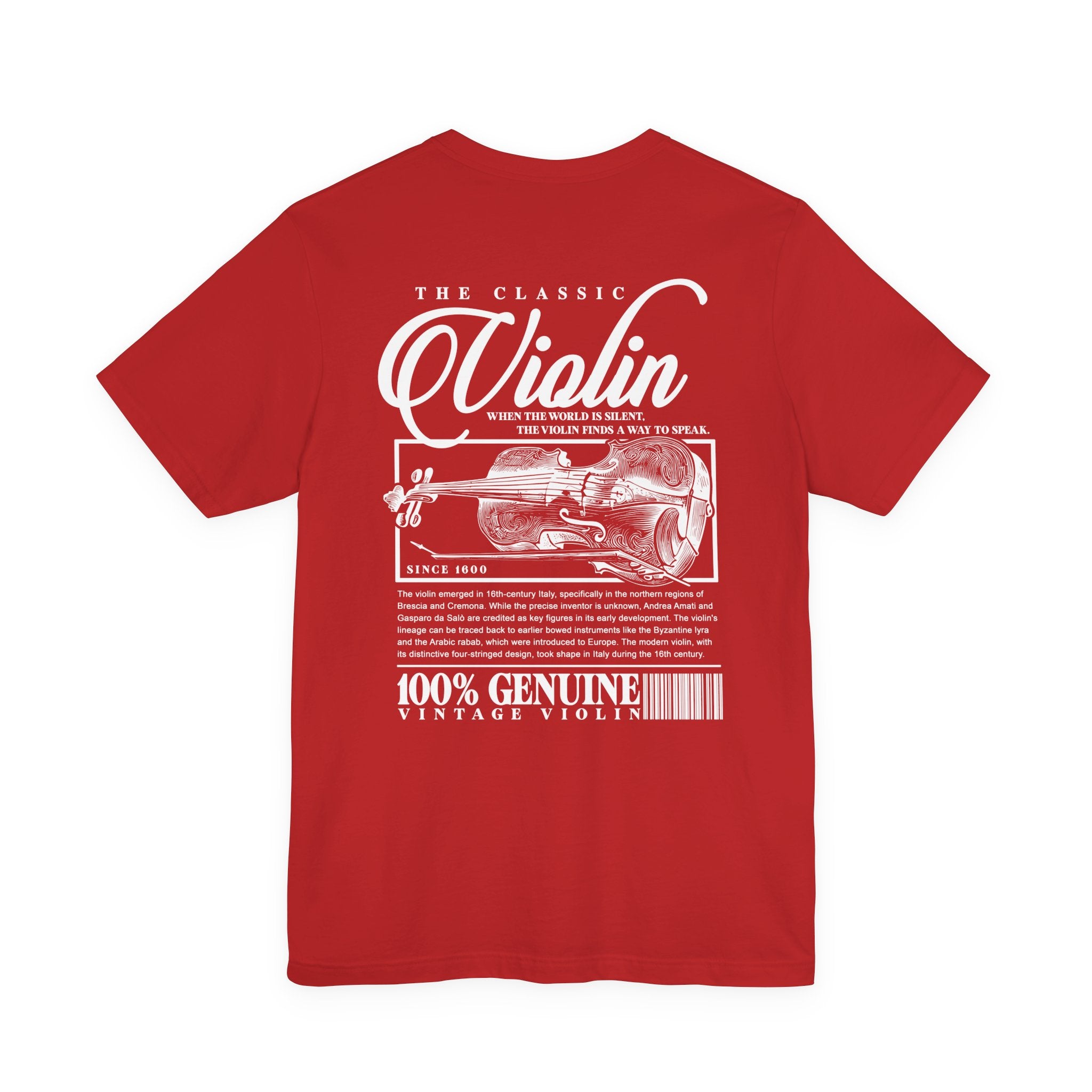 The Classic Violin T-Shirt – Vintage Instrument & 16th Century Story [White Text]
