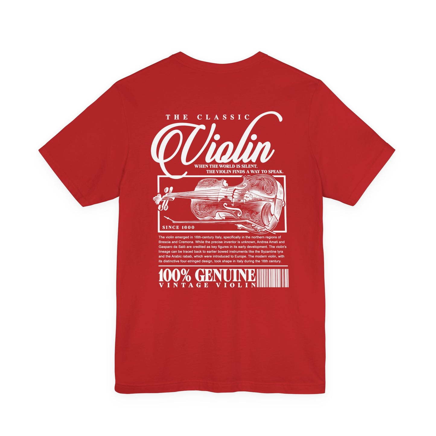 The Classic Violin T-Shirt – Vintage Instrument & 16th Century Story [White Text]