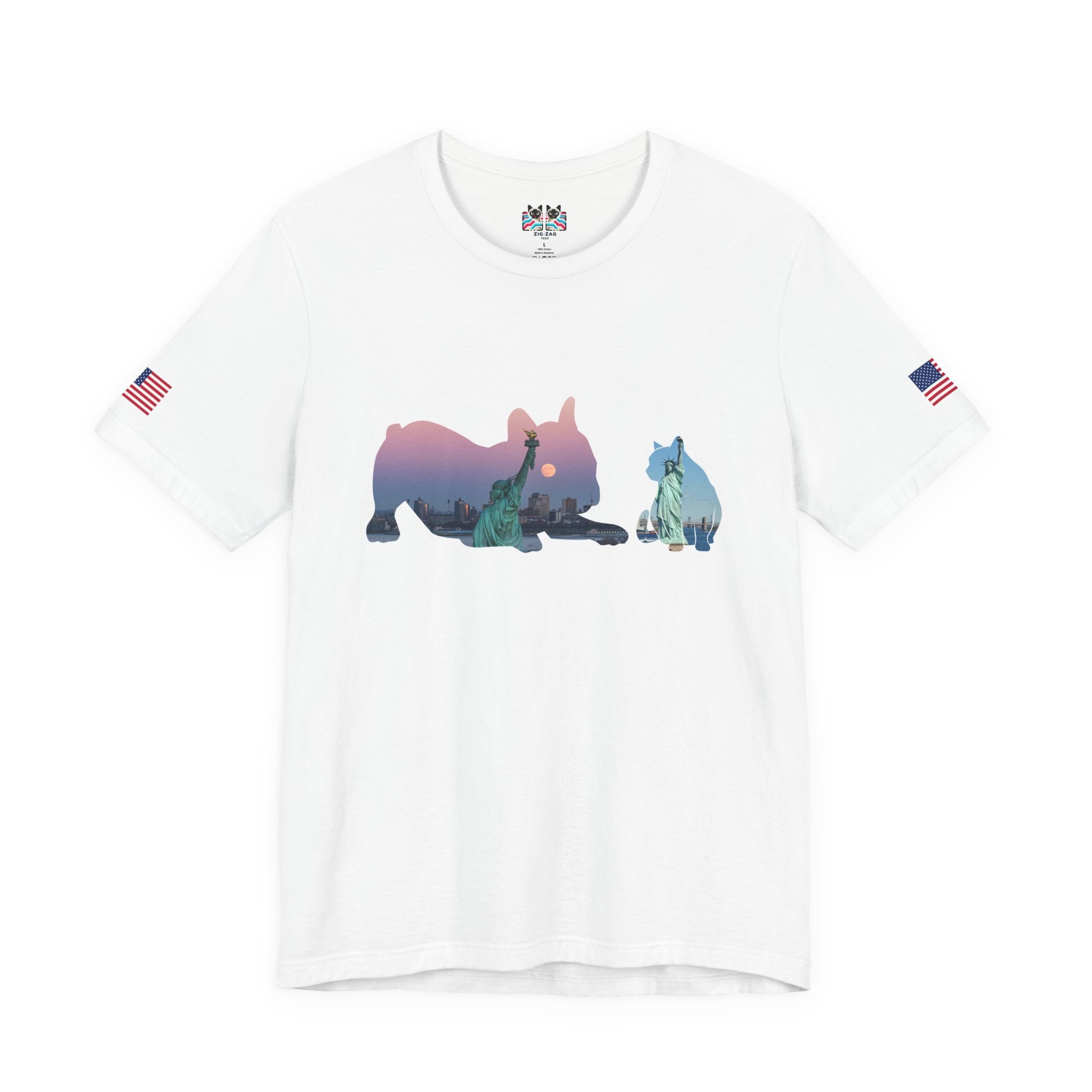 NYC Pets T-Shirt - Cat & Dog Silhouettes with New York City Skyline Brooklyn Bridge