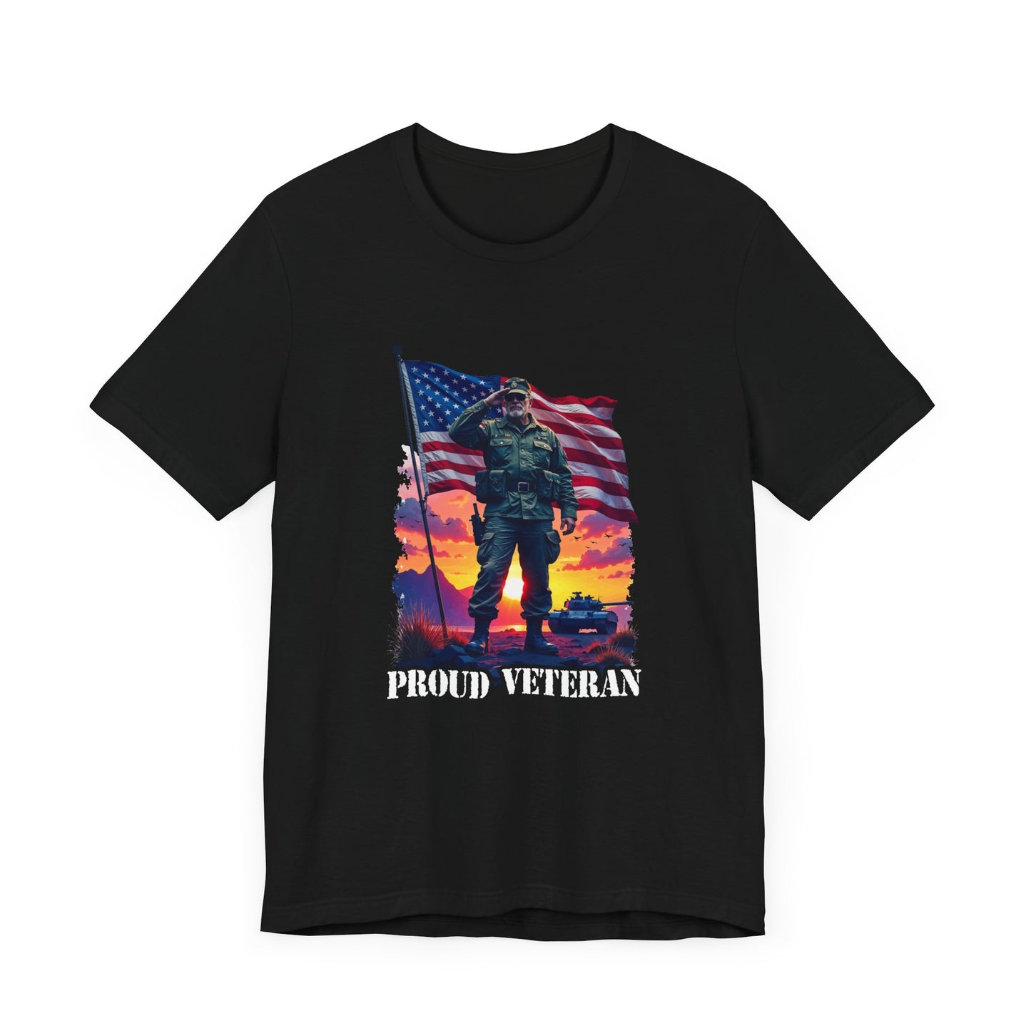 Proud Veteran | US Flag, Saluting Soldier & Tank T-Shirt