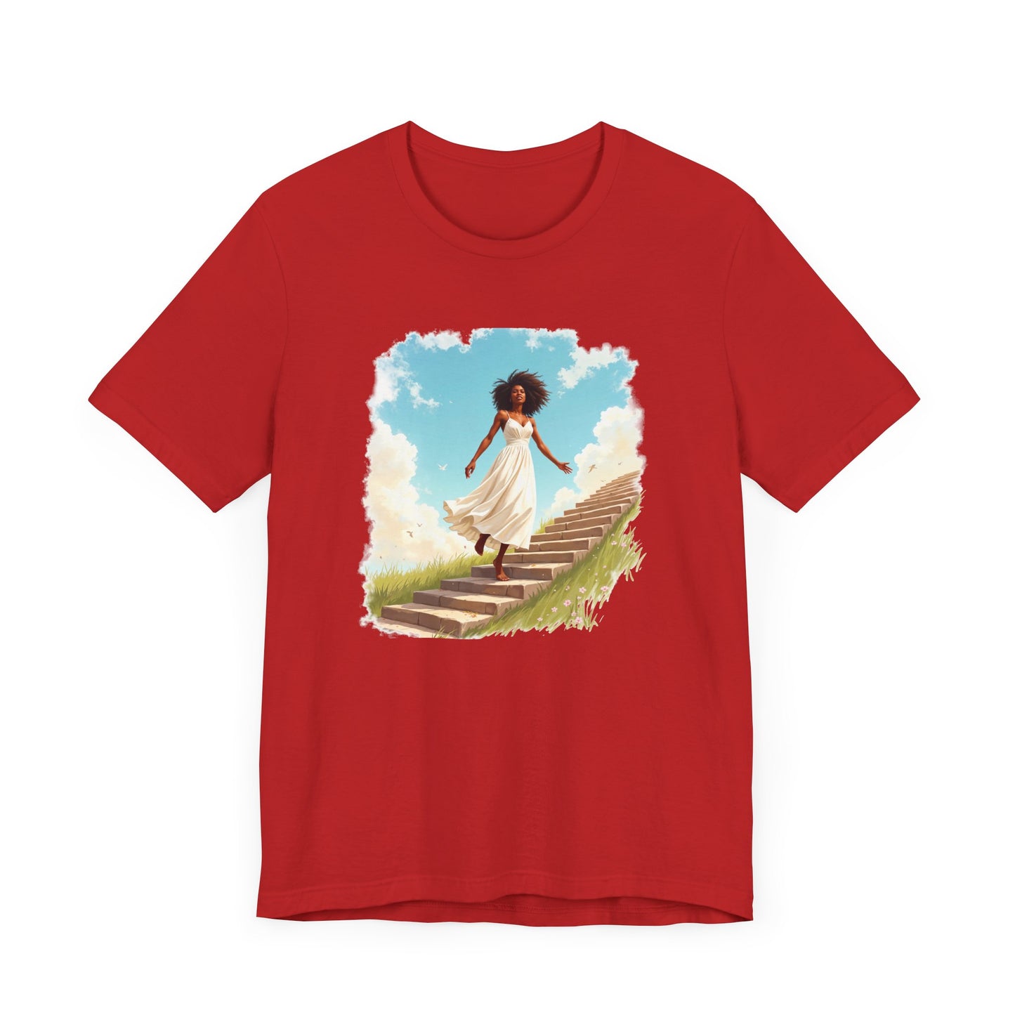 Graceful Woman in White Dress Walking on Stairs – Blue Sky & Green Ground Graphic T-Shirt
