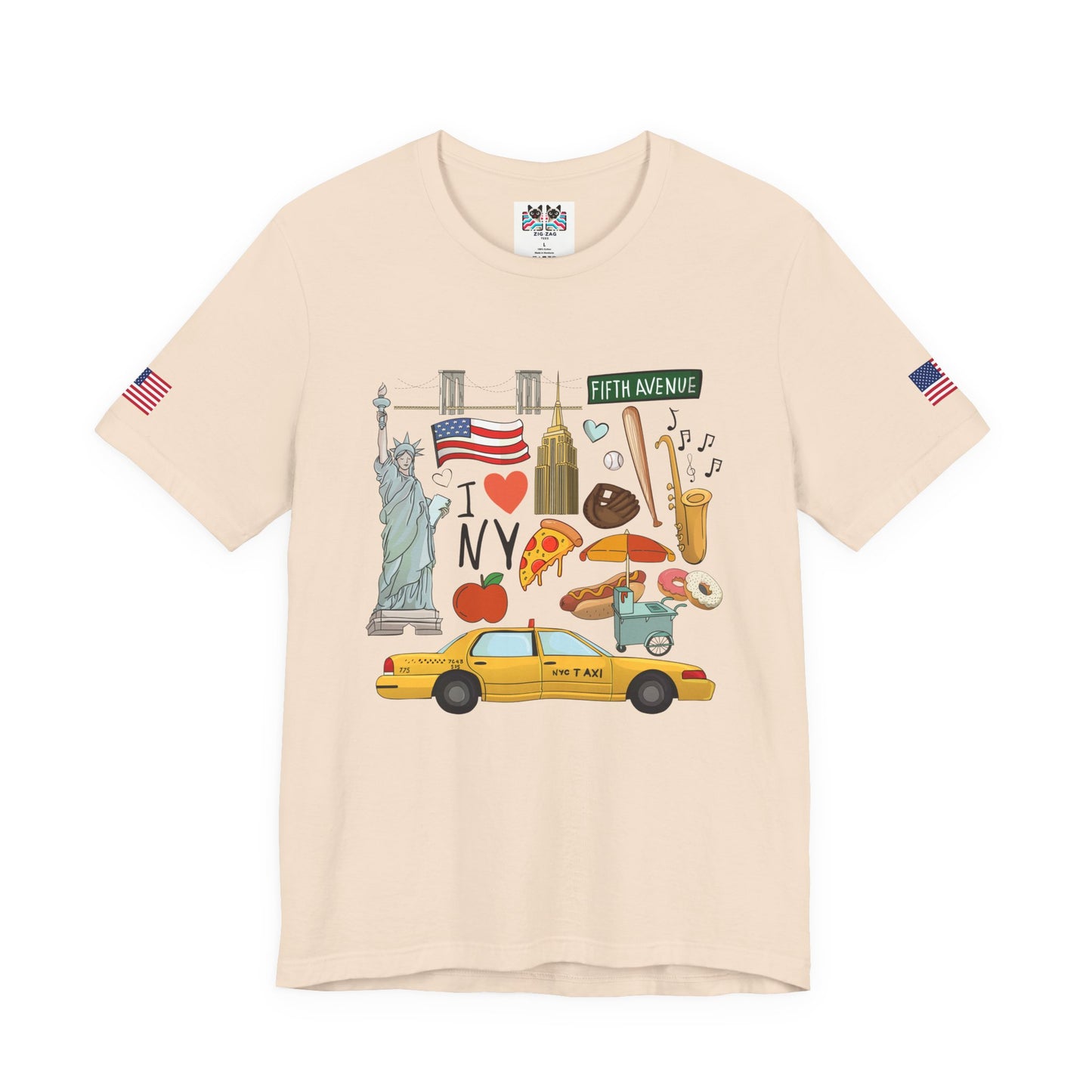 I Love NY T-Shirt - New York City Icons Graphic Tee with Statue of Liberty, Taxi & Food