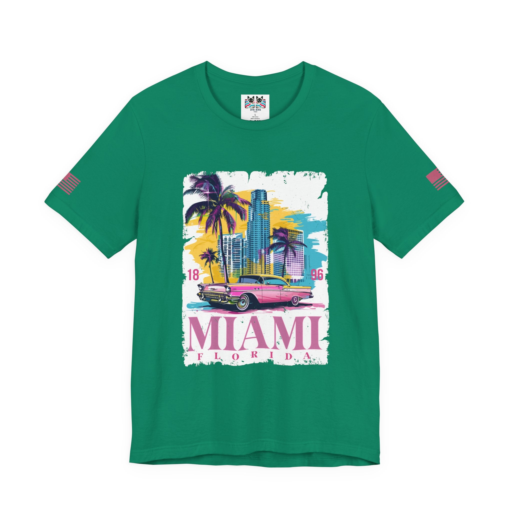 Miami Florida 1896 T-Shirt – Pink Classic Car Palm Tree Skyline Colorful Graphic Tee