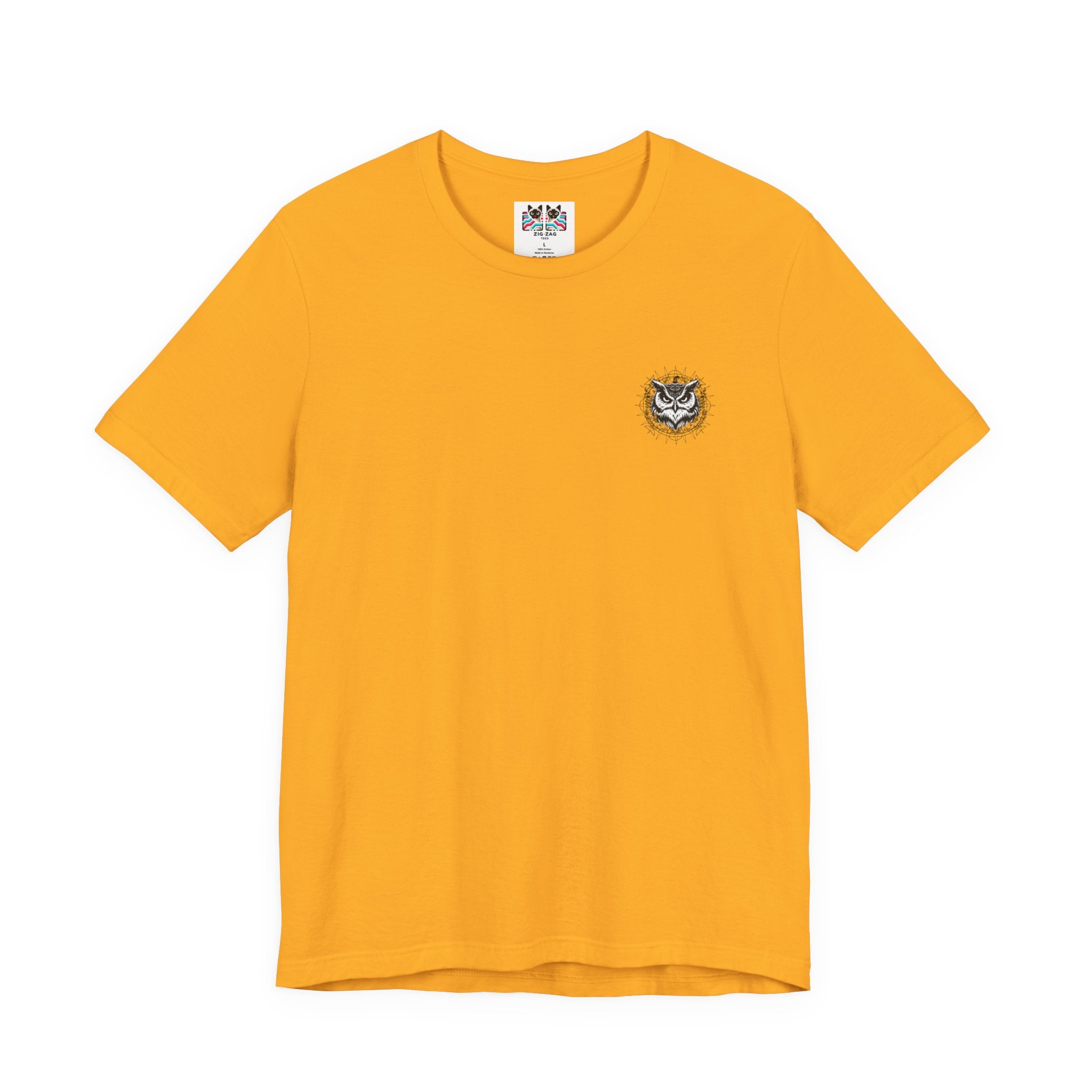 Spirit of Wisdom Owl T-Shirt – Wise Owl with Witch Hat and Medal [Black Text]
