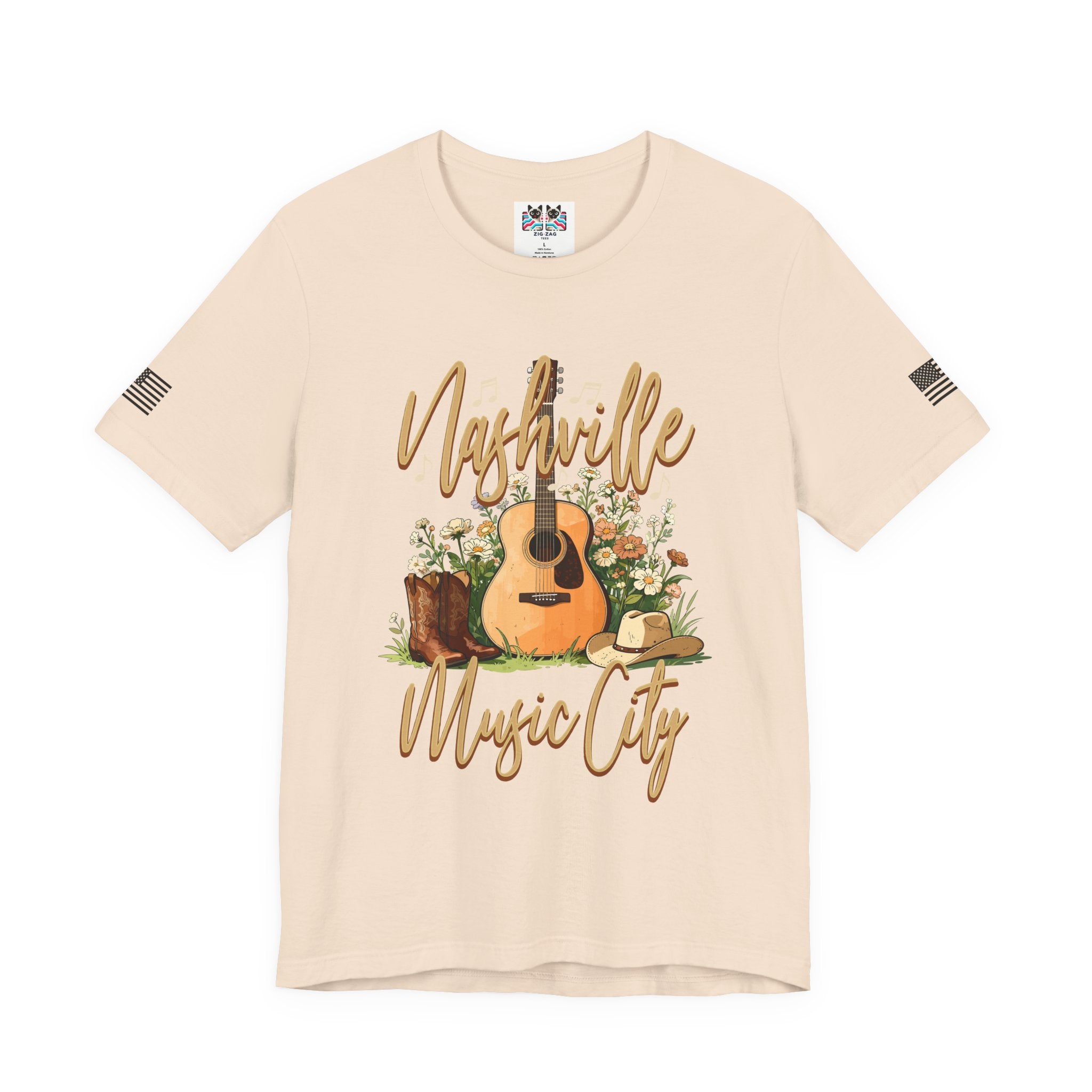 Nashville Music City T-Shirt – Acoustic Guitar Cowboy Hat Boots Floral Script Graphic Tee