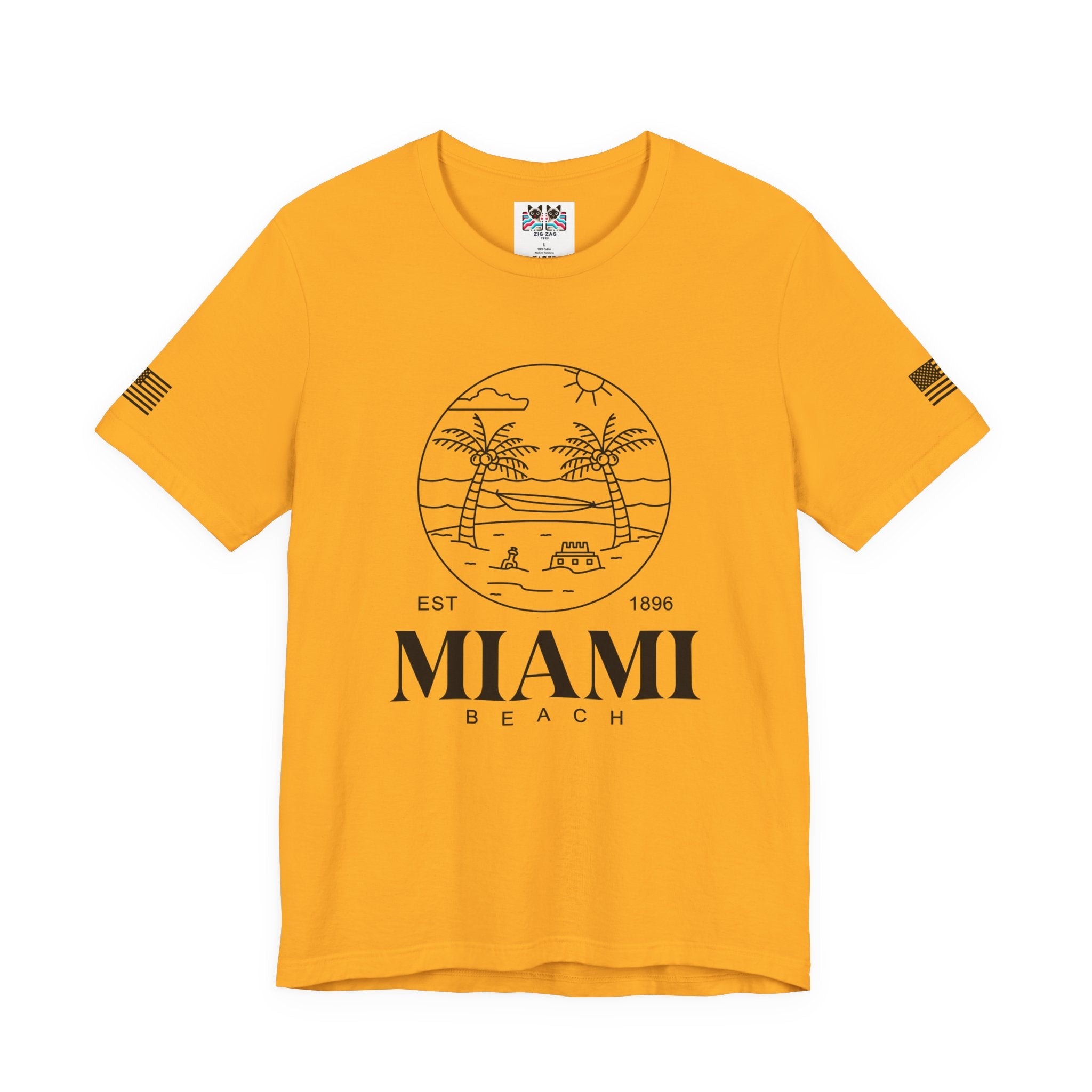 Miami Beach EST 1896 T-Shirt – Circle Line Art Badge Hammock Palm Tree Graphic Tee