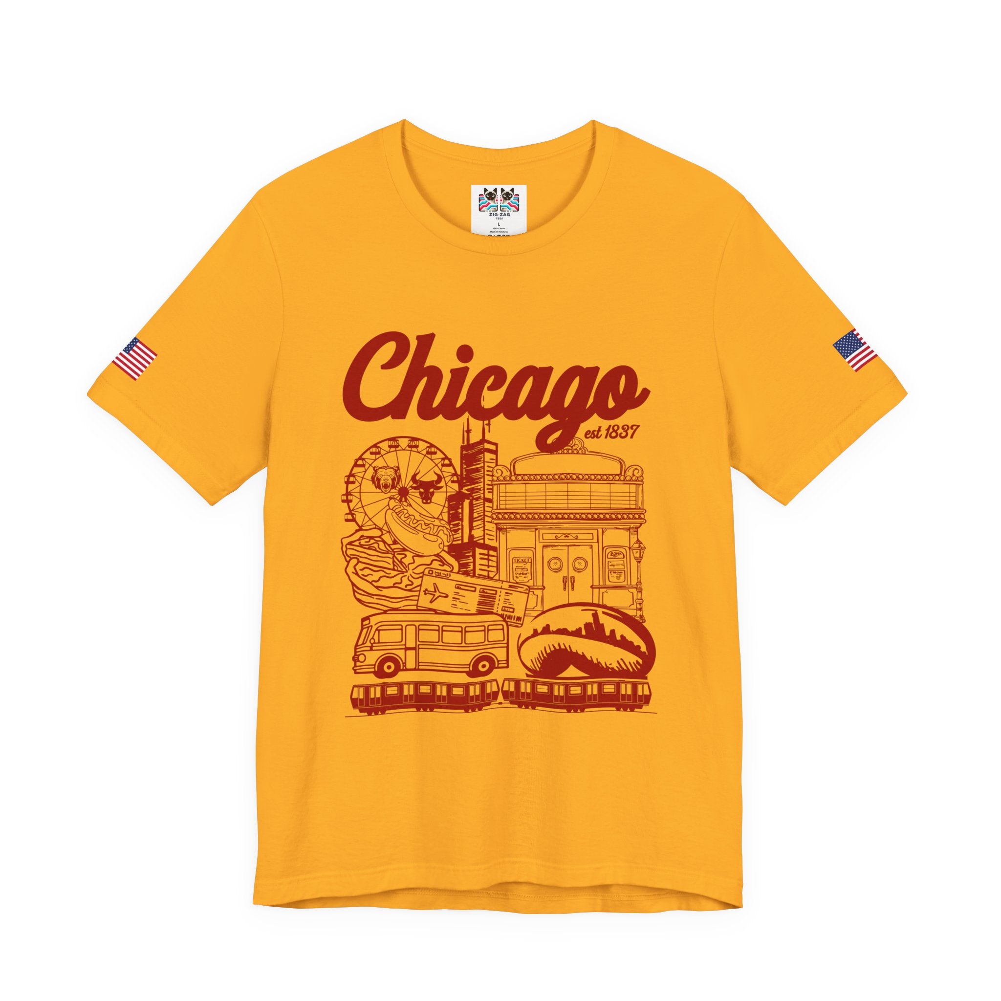Chicago Est 1837 T-Shirt - Iconic Landmarks Yellow Red Illinois Tourist Collage