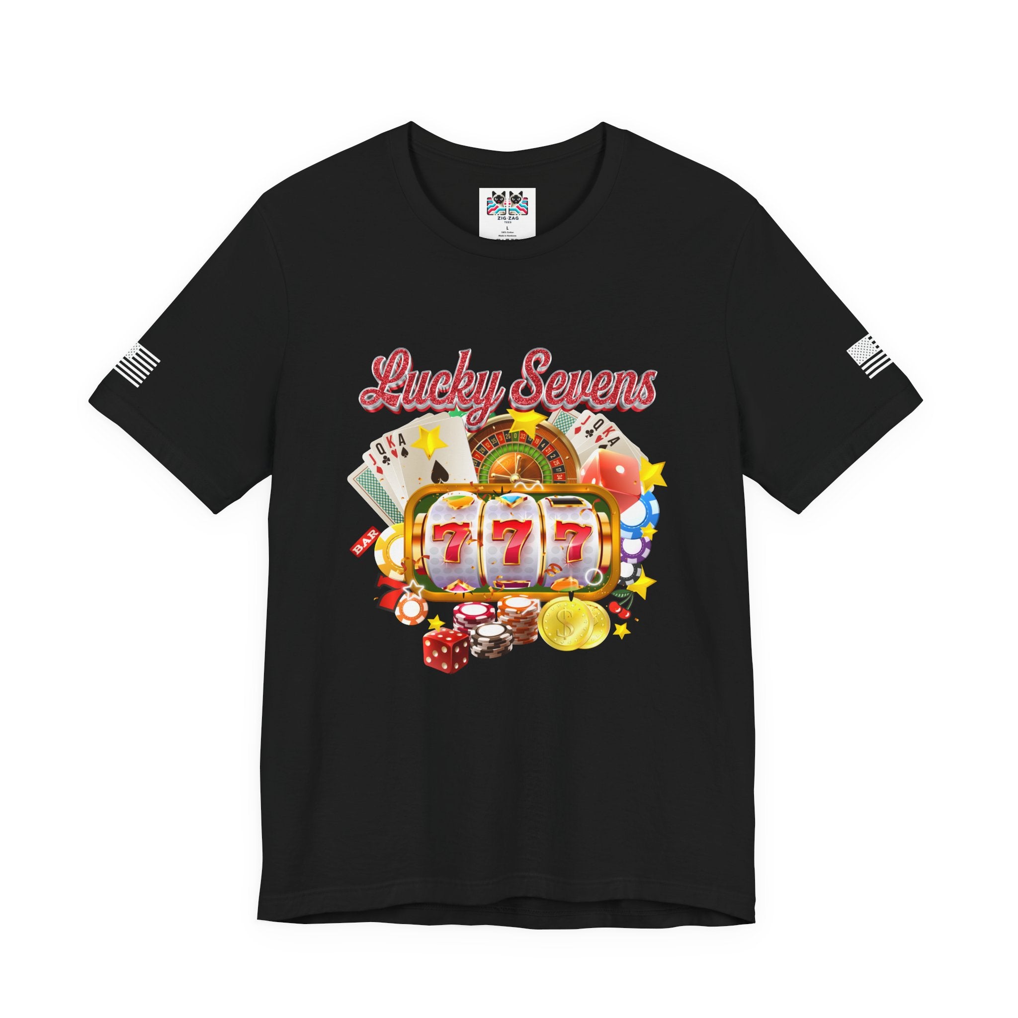 Lucky Sevens Casino T-Shirt – 777 Slot Machine Roulette Poker Chips Vegas Tee