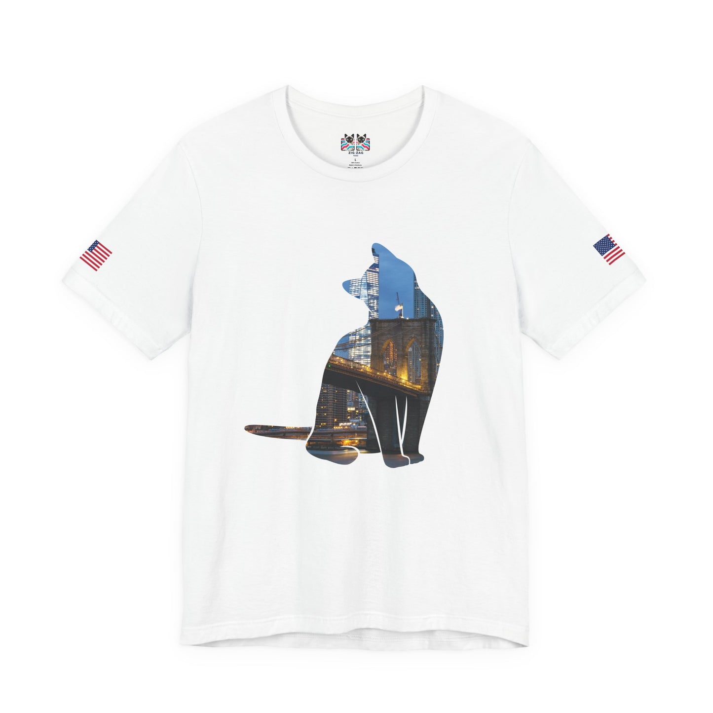 NYC Cat Silhouette T-Shirt - New York City Skyline in Cat Shape Brooklyn Bridge Design