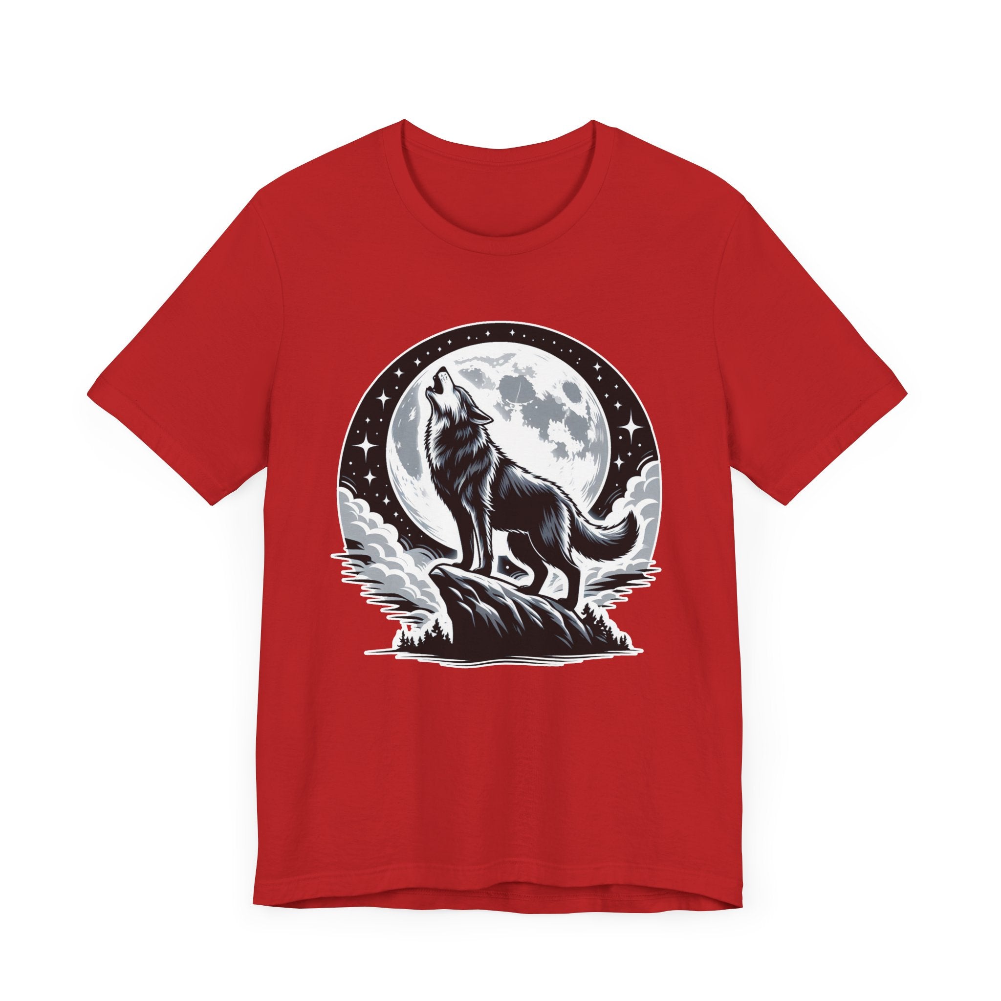 Mystical and Wild - Wolf Howling on Mountain Edge with Full Moon and Stars Graphic T-Shirt