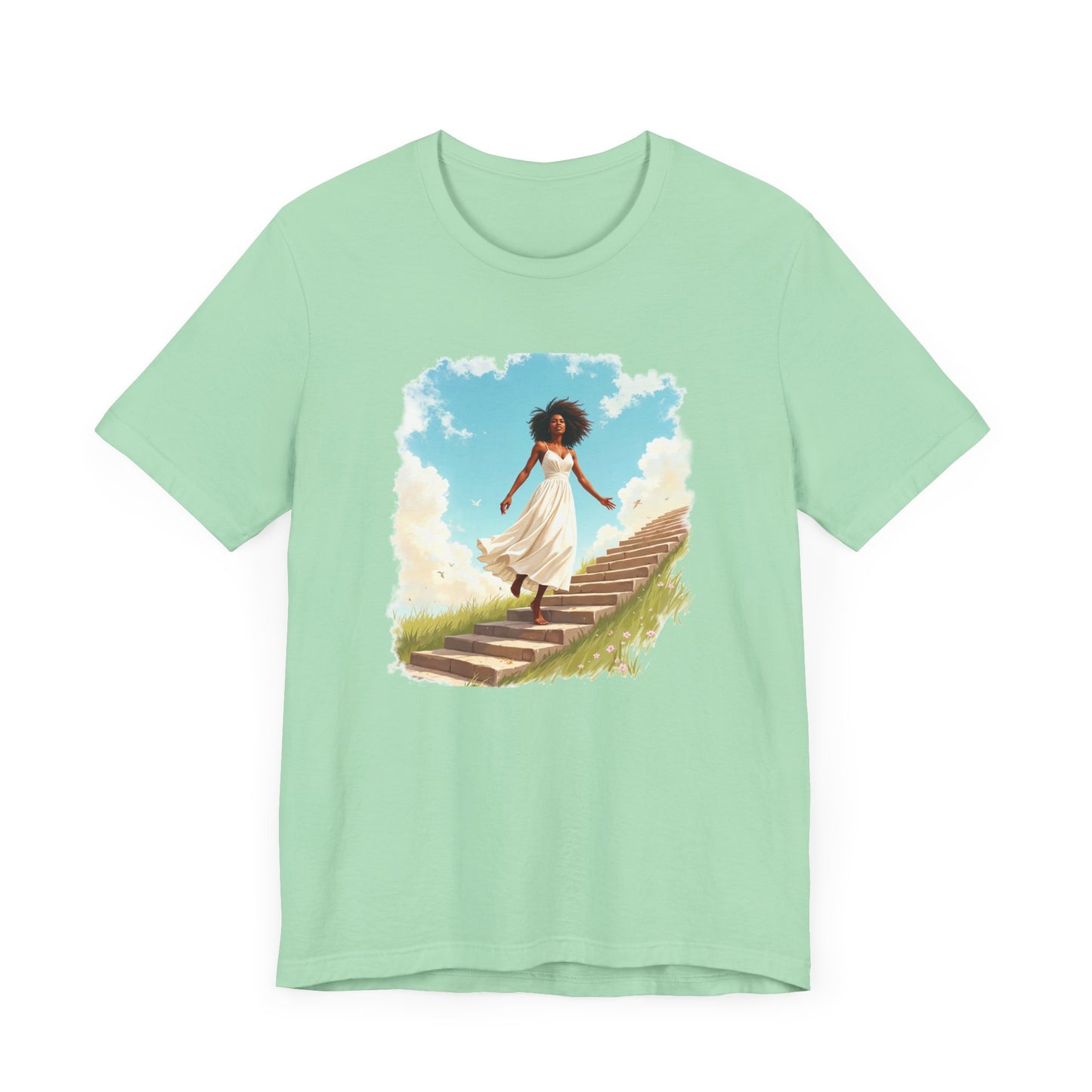 Graceful Woman in White Dress Walking on Stairs – Blue Sky & Green Ground Graphic T-Shirt