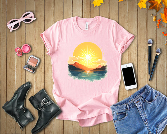 Sunset Mountain and Waterbody Landscape Graphic T-Shirt
