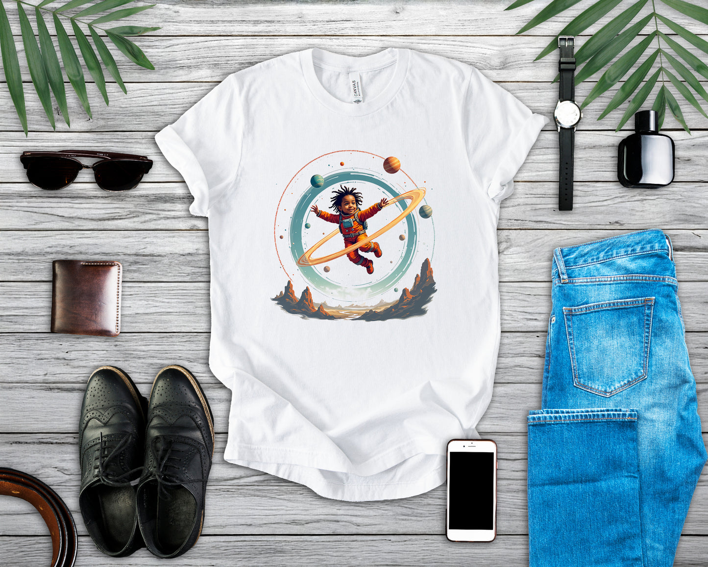 Toddler Flying in Spacesuit with Revolving Planets Space Adventure Graphic T-Shirt