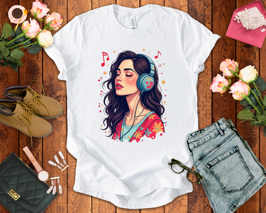 Quietly Loud – Woman with Headphones, Leaf Pattern Dress & Expressive Music Notes Graphic T-Shirt