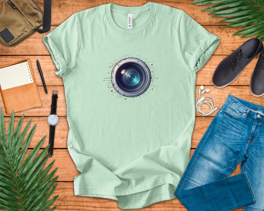 Focus Mode – Large Camera Lens with Radiant Lines & Color Splash Graphic T-Shirt