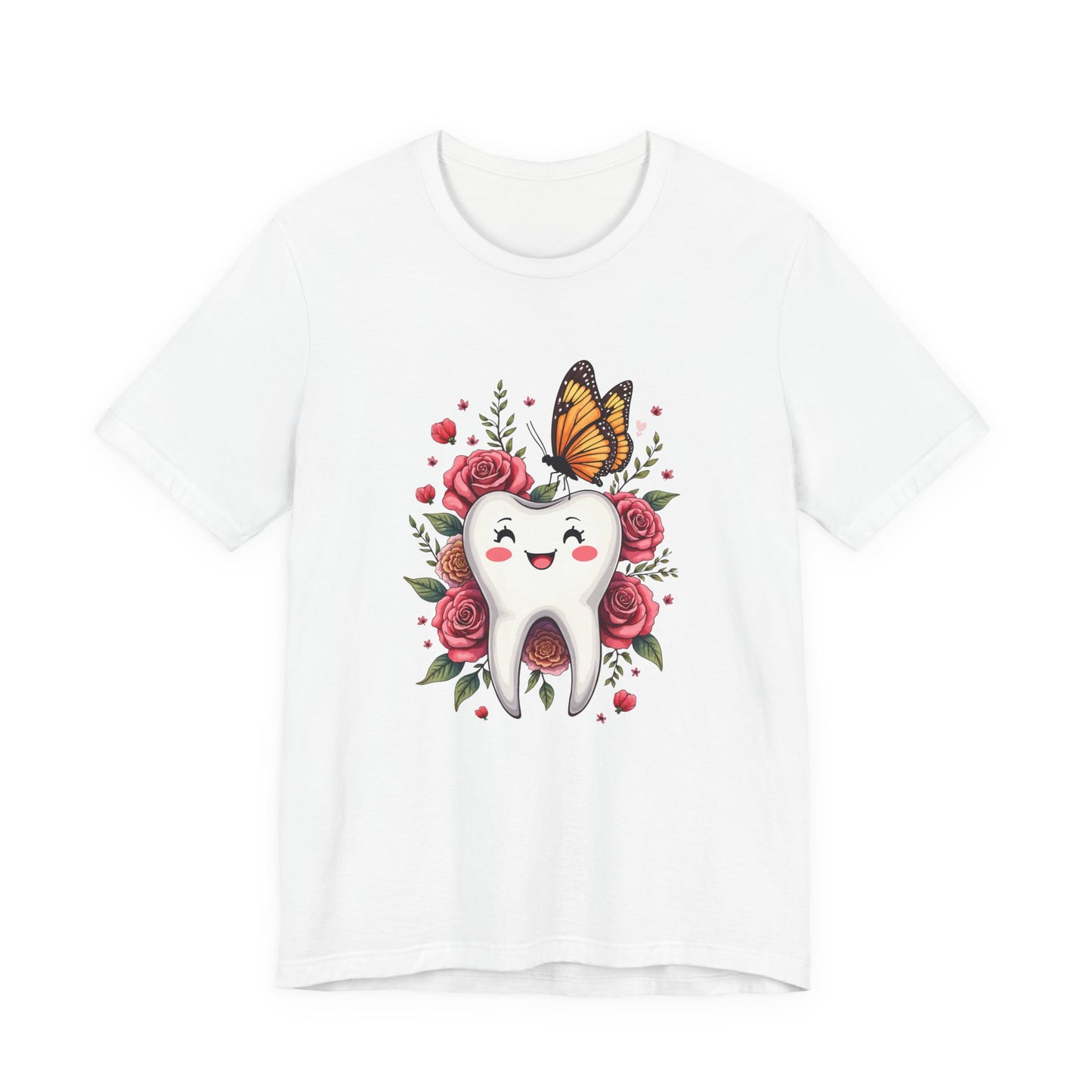 Smile T Shirt Featuring Large Smiling Tooth Surrounded by Flowers Leaves and Butterflies