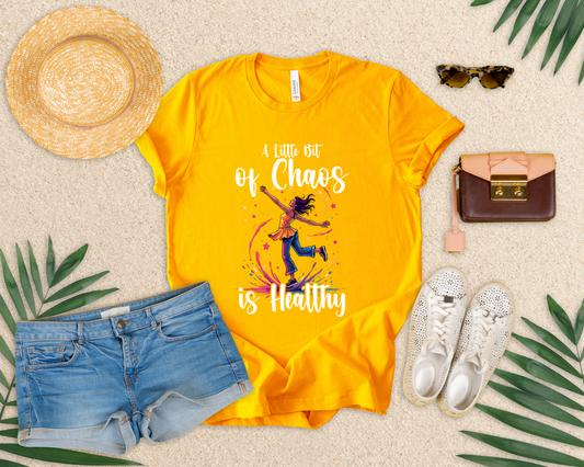 A Little Bit of Chaos Is Healthy – Girl Balancing on Colorful Splash with Stars Graphic T-Shirt
