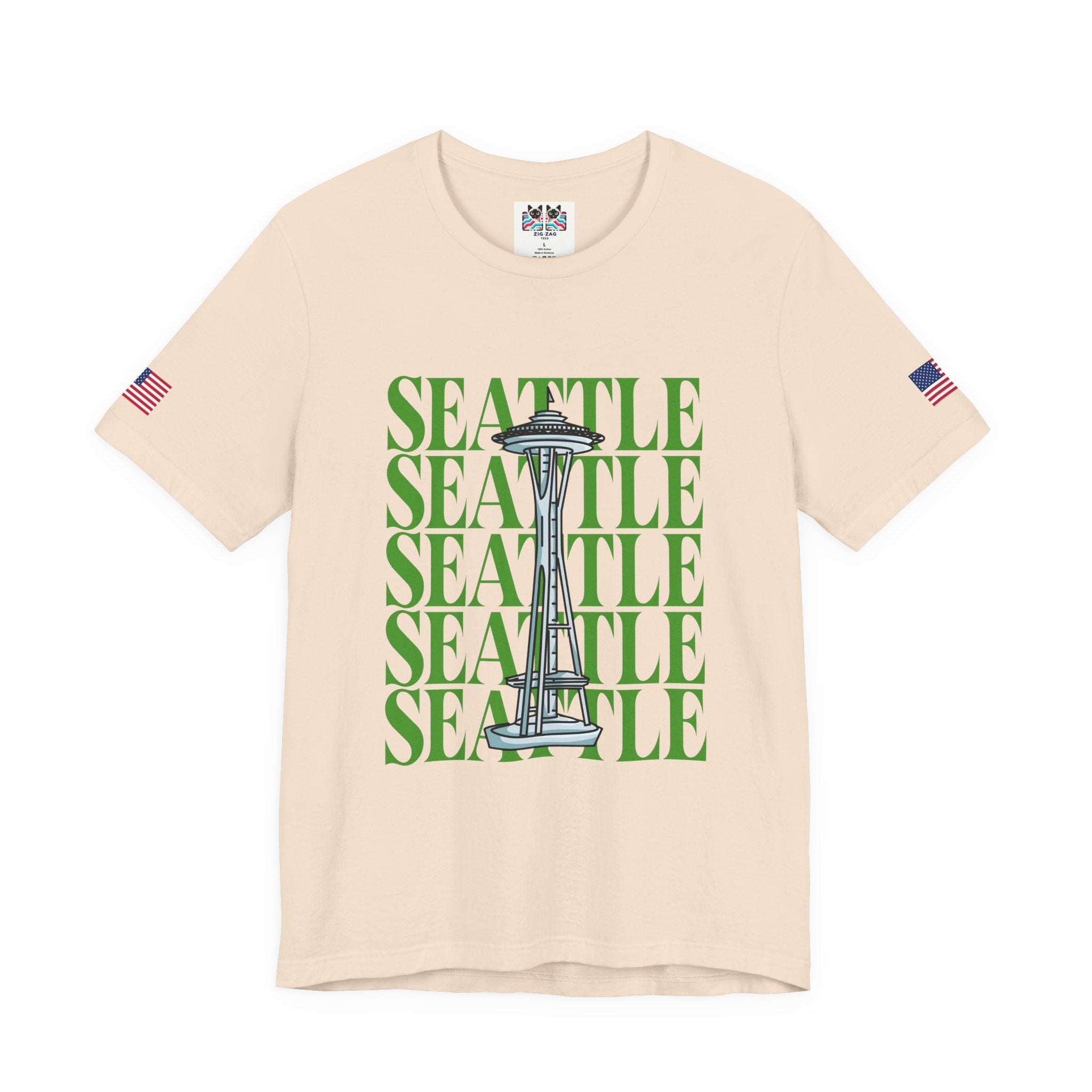 Seattle Repeated Text Space Needle Graphic T-Shirt | Seattle Washington Souvenir Tee | Space Needle Pride Shirt