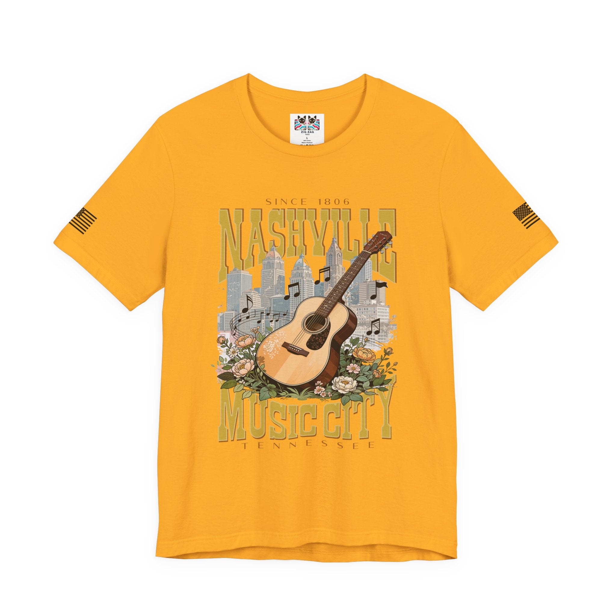 Nashville Music City Since 1806 T-Shirt – Acoustic Guitar Skyline Floral Graphic Tee Tennessee