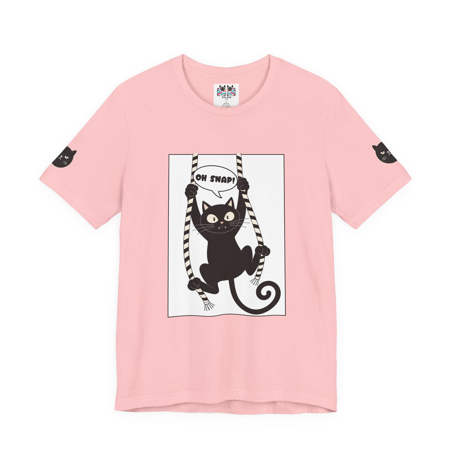 Oh Snap Funny Cat T-Shirt – Cat Hanging from Blinds Mischievous Kitten Humor Graphic Tee