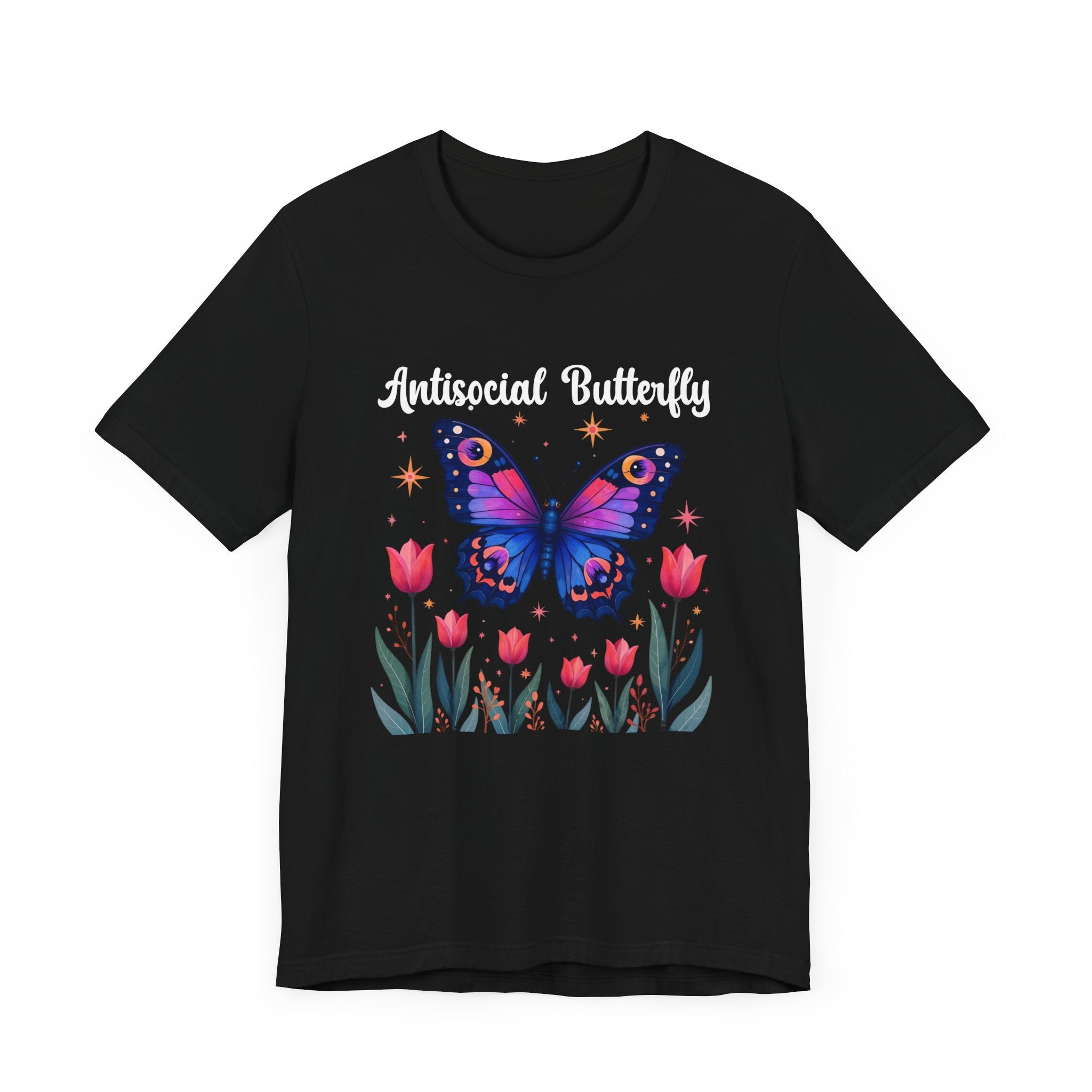 Antisocial Butterfly – Large Butterfly Above Flower Plants Graphic T-Shirt