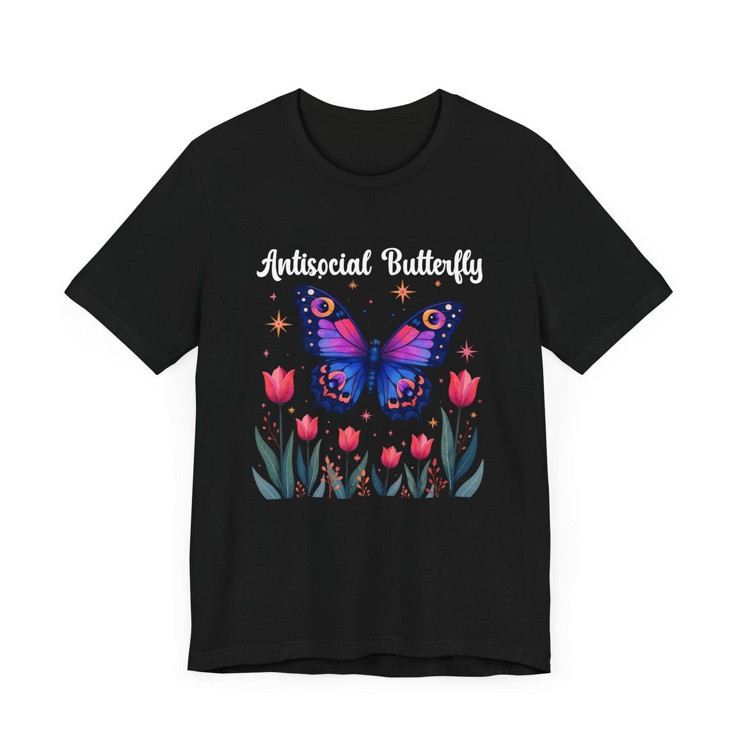 Antisocial Butterfly – Large Butterfly Above Flower Plants Graphic T-Shirt