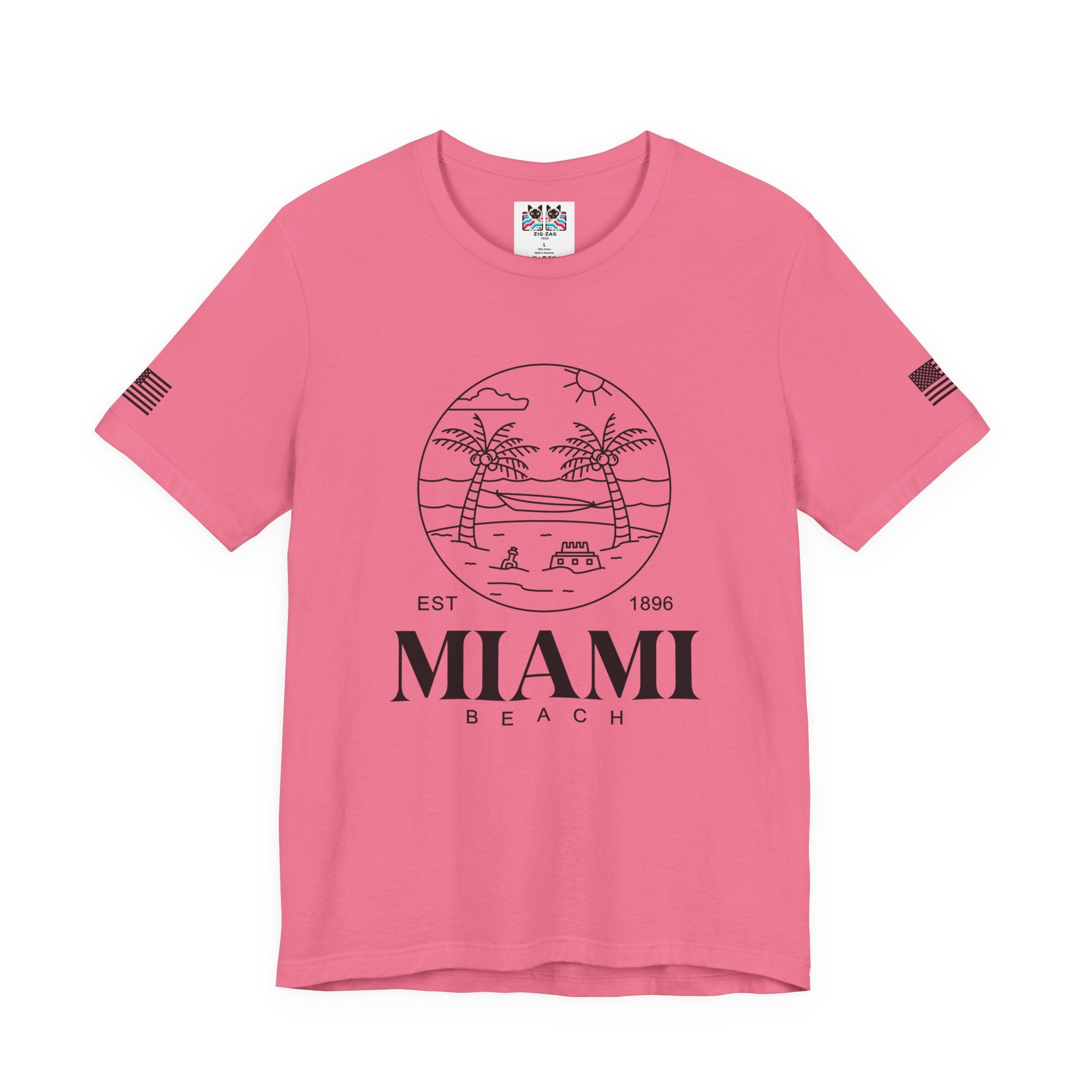 Miami Beach EST 1896 T-Shirt – Circle Line Art Badge Hammock Palm Tree Graphic Tee